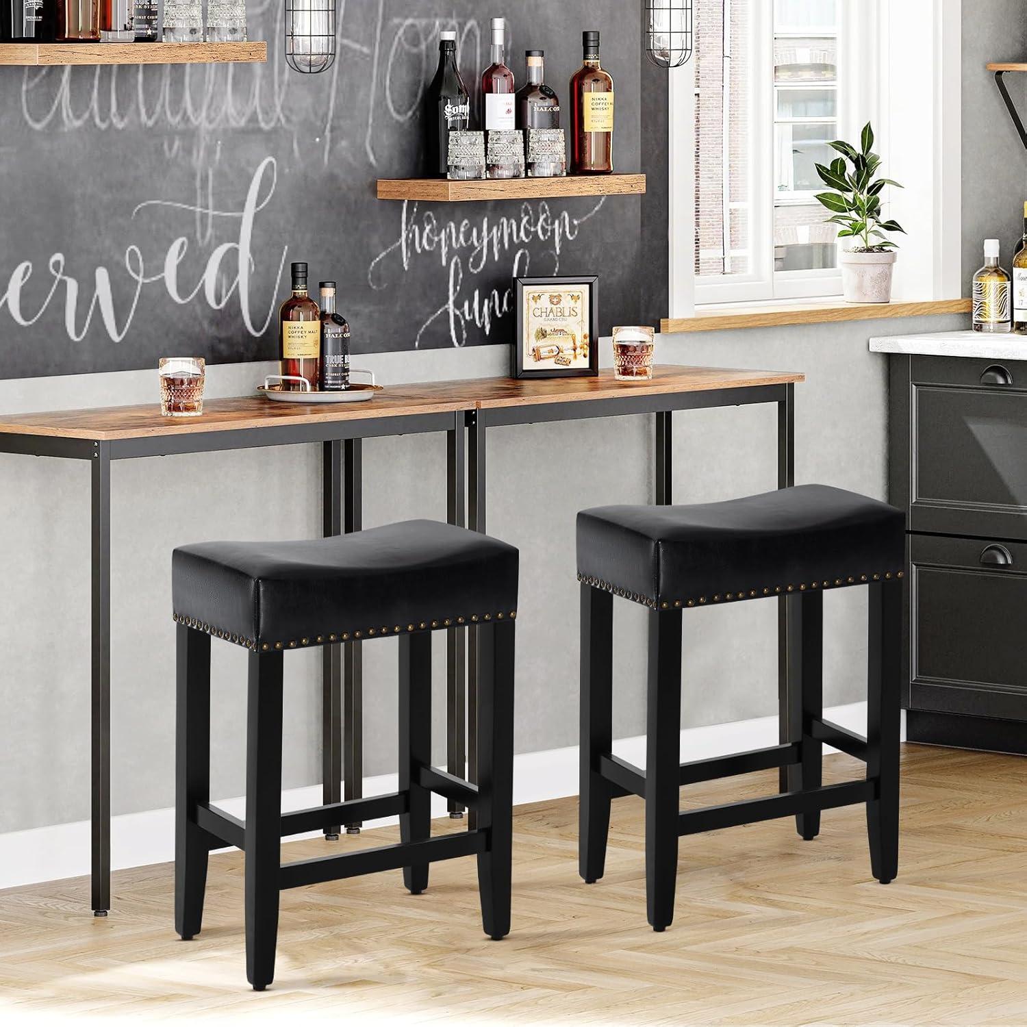 Furniliving 26" Backless Counter Stool Set of 4, Counter Height Bar Stools PU Saddle Stool, Black
