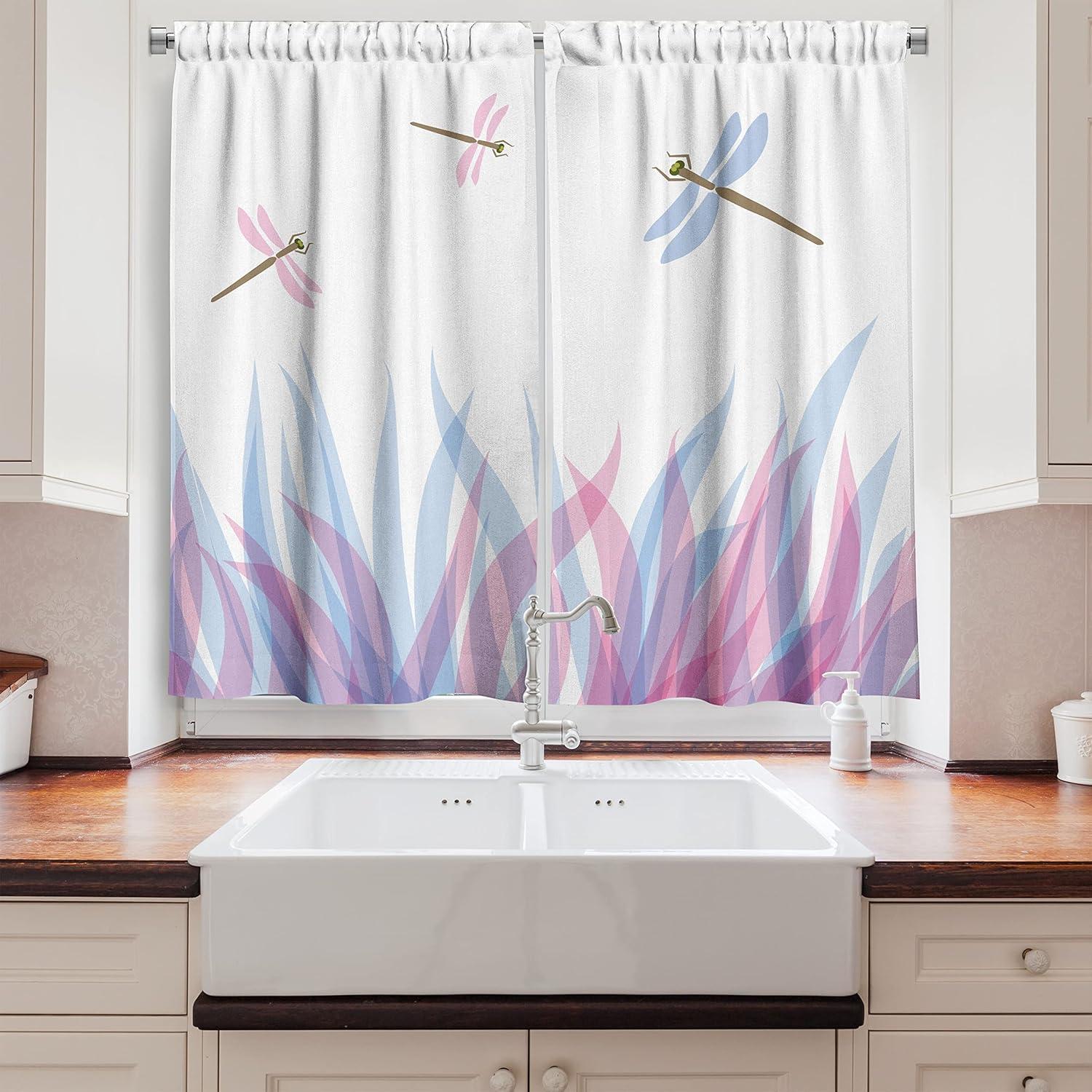 Ambesonne Abstract Kitchen Curtains, Dragoflies on, 55"x39", Violet Pink and Blue