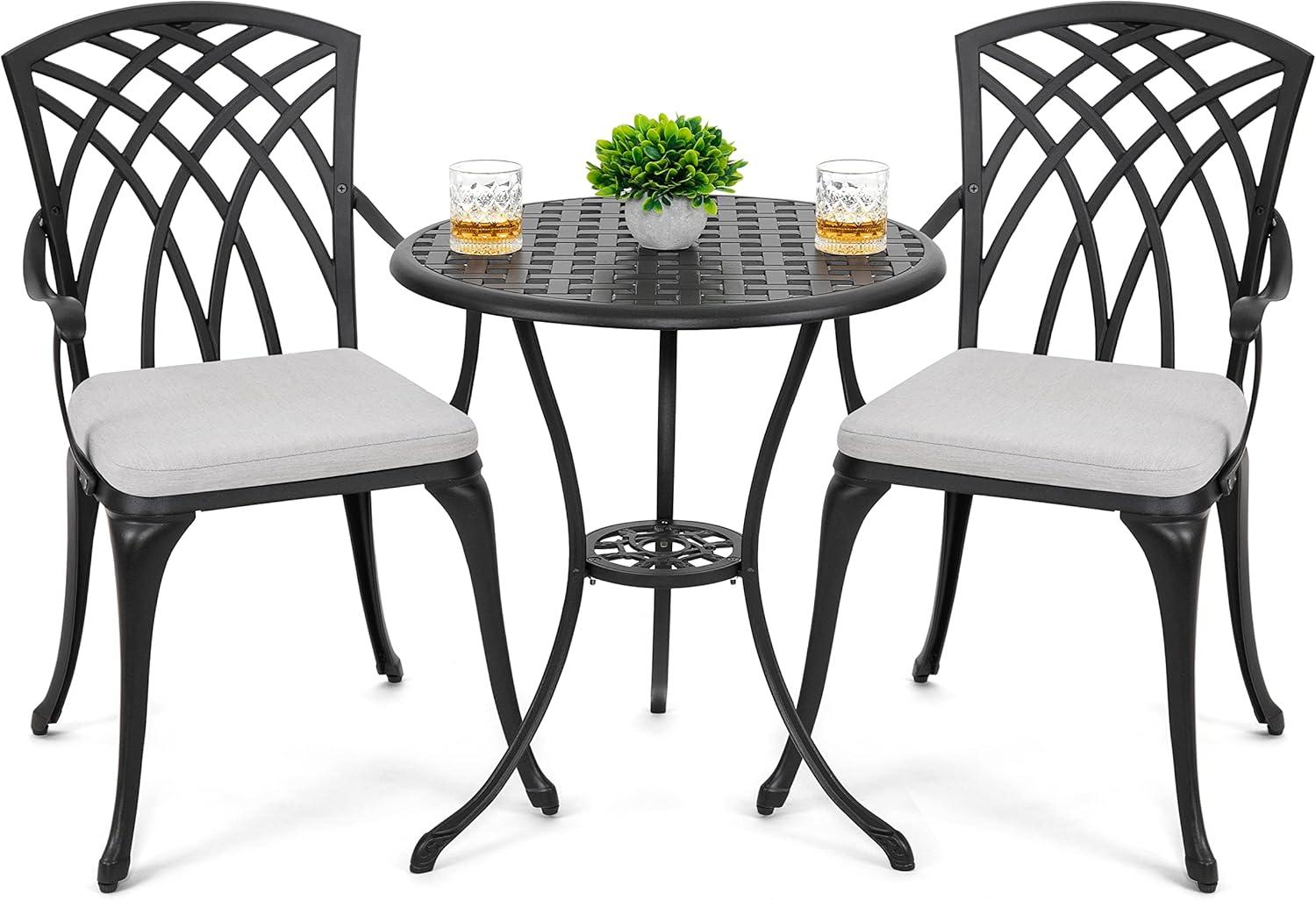 Black Cast Aluminum 3-Piece Outdoor Bistro Set with Gray Cushions