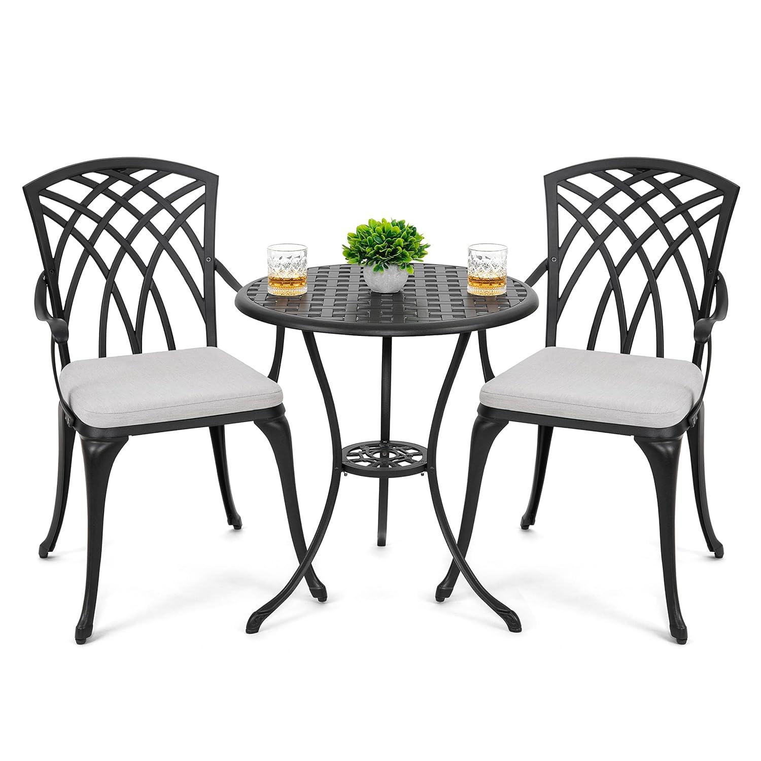 Black Cast Aluminum 3-Piece Bistro Set with Grey Cushions