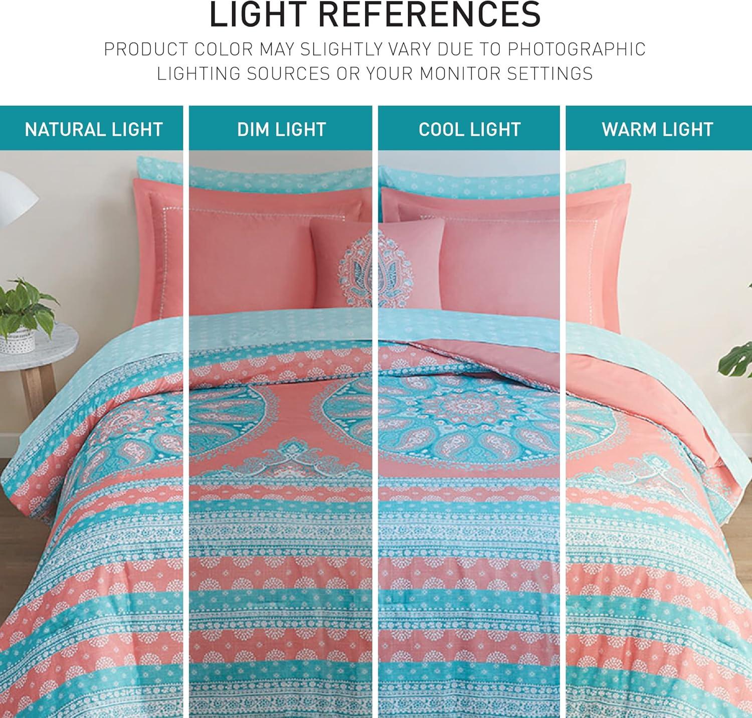 Boho Coral and Aqua Microfiber Queen Bed-in-a-Bag Set