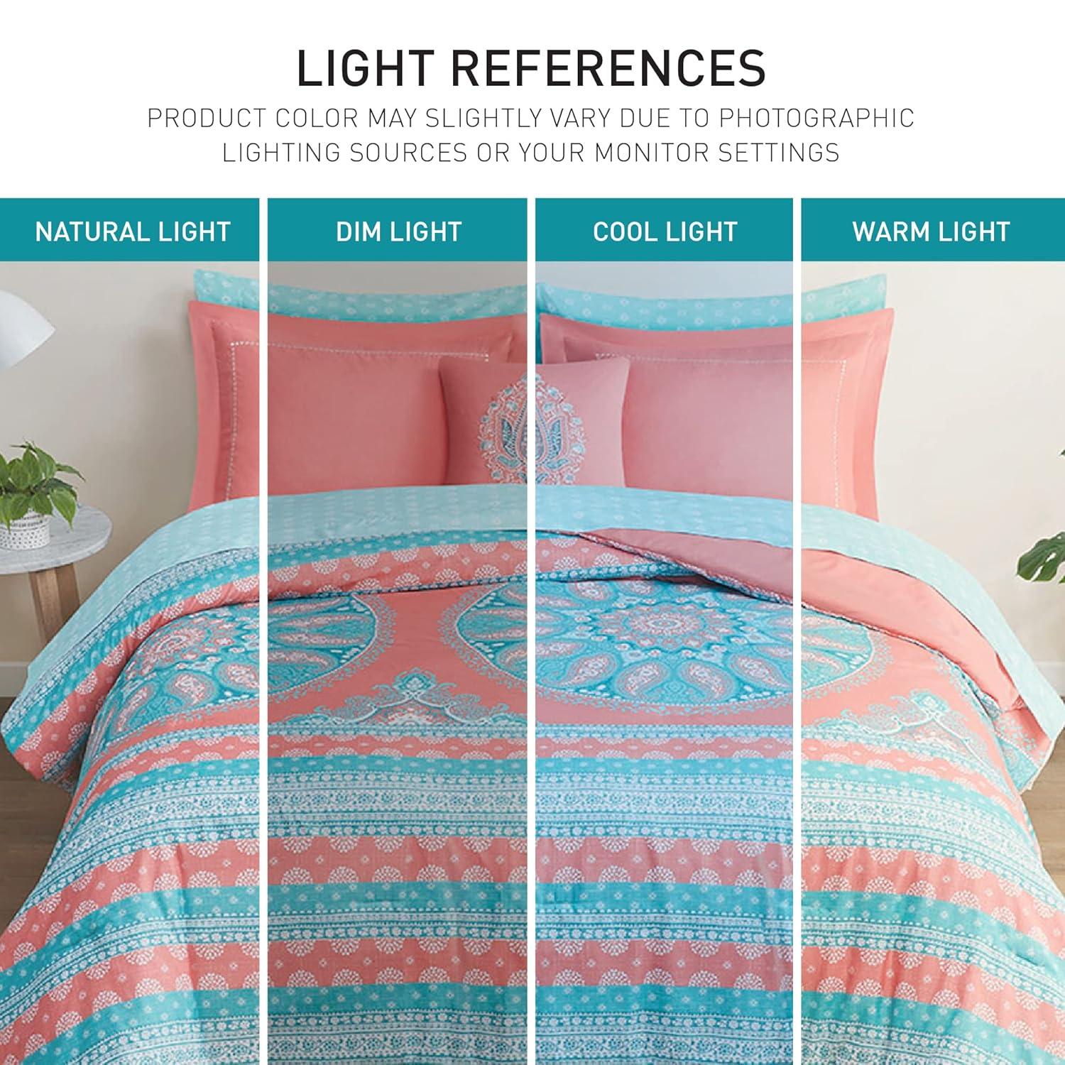 Boho Coral and Aqua Microfiber Queen Bed-in-a-Bag Set