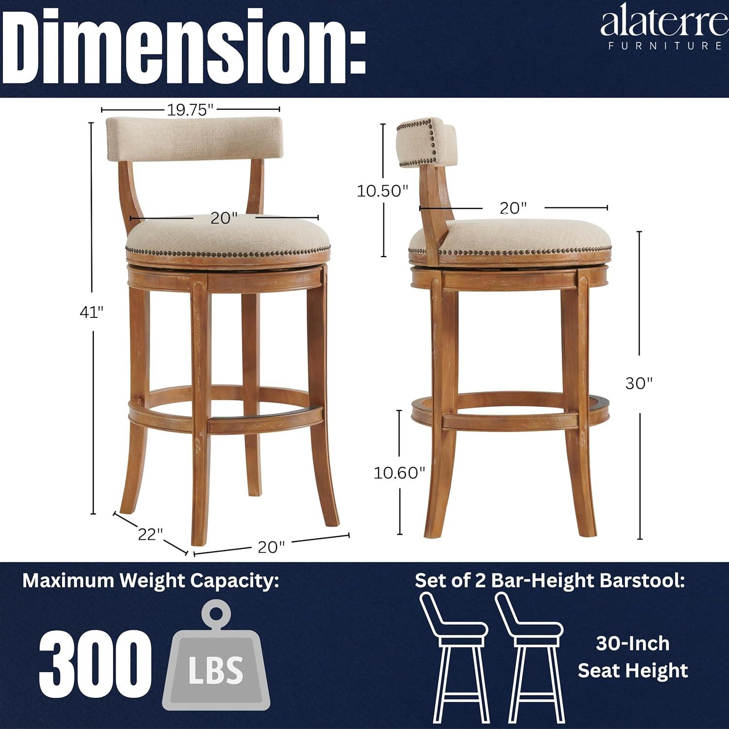 Alaterre Hanover Swivel Bar Height Stool, Weathered Brown and Beige, Solid Rubberwood Frame with Faux Linen Upholstered Seat, Nailhead Trim, Memory Return Swivel, 20 in. W x 22 in. D x 41 in. H