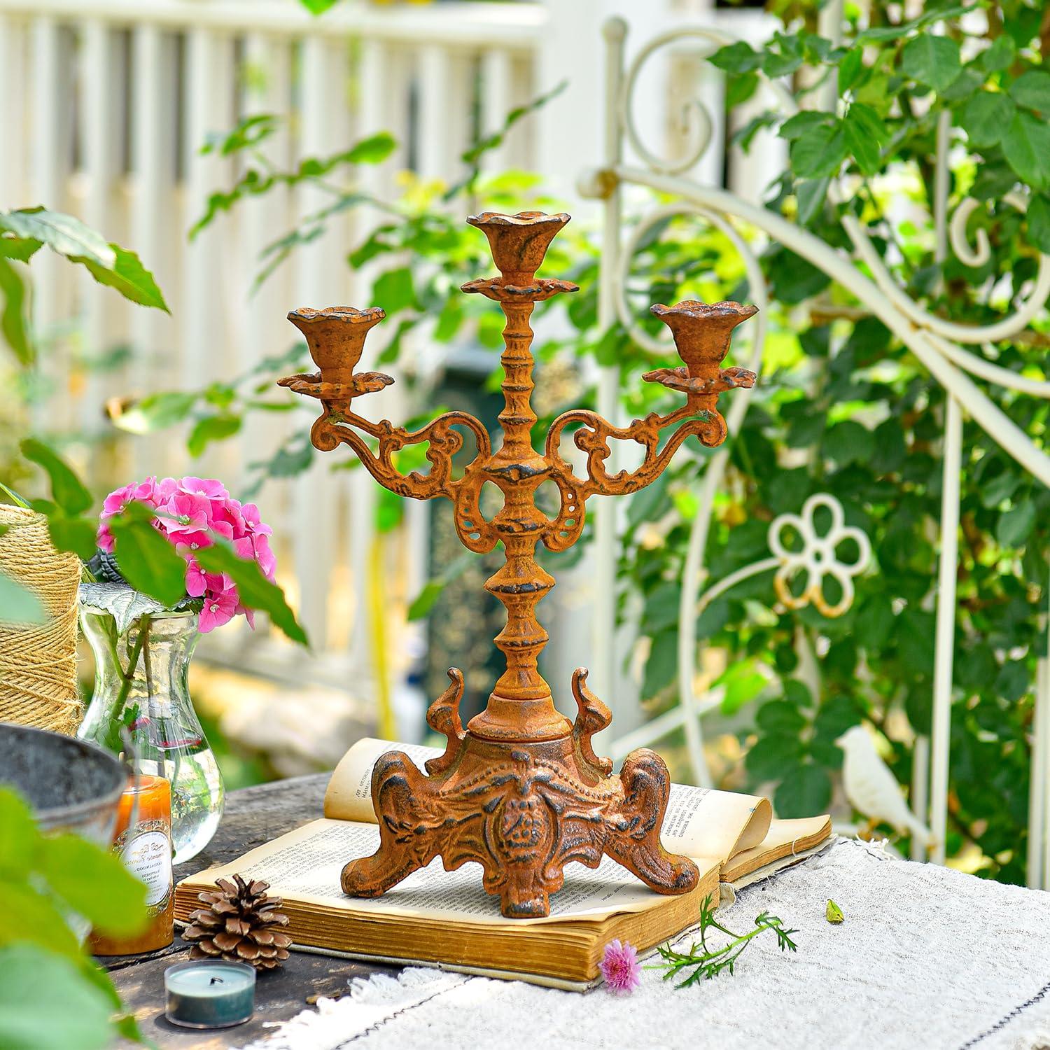 Sungmor Rusty Cast Iron 3 Arm Candelabra, 13" Tall Vintage Candlestick Holder, Decorative Taper Candle Holder, Pretty Centerpiece Candle Stand for Halloween, Christmas, Holiday Décor