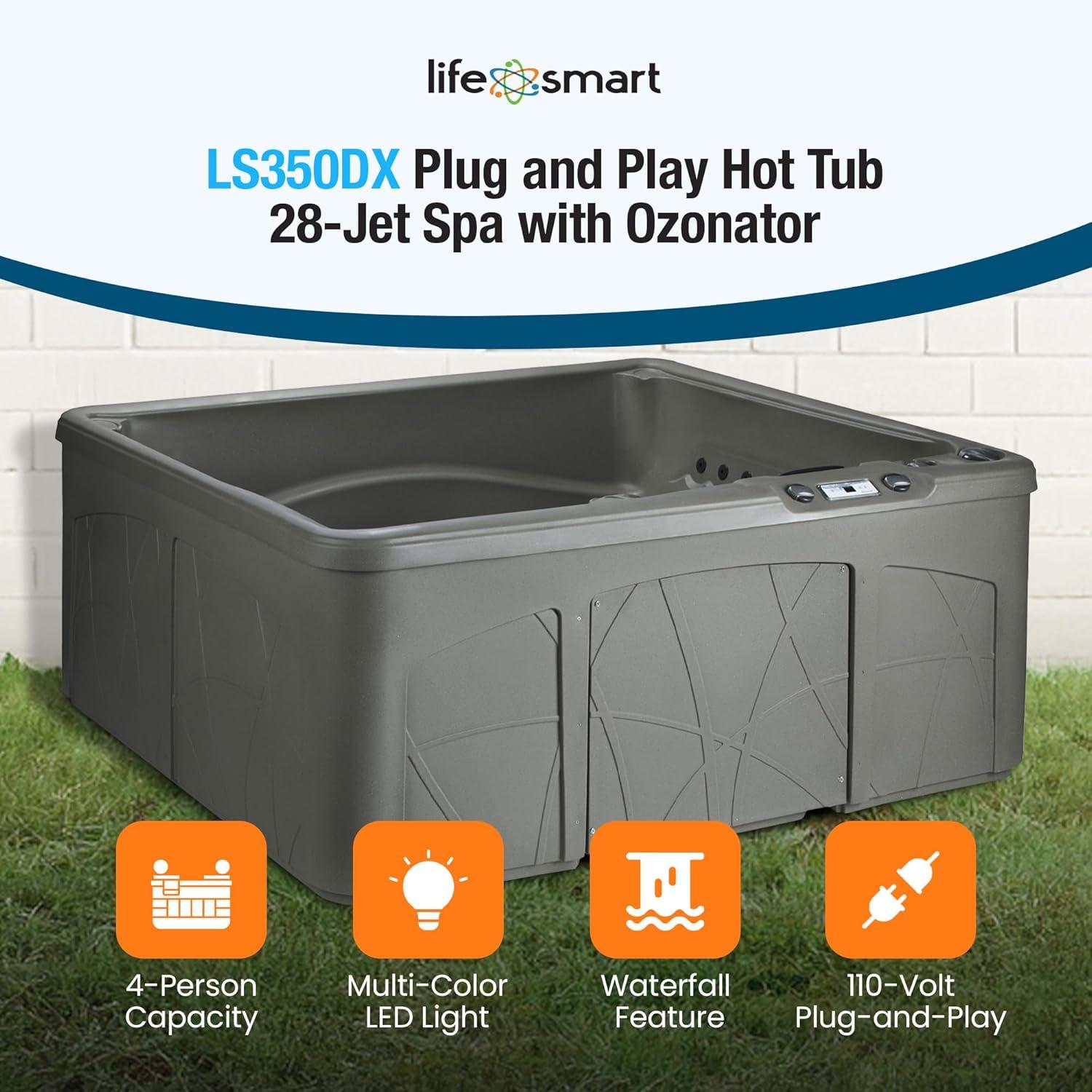 Lifesmart Spas 5 Person Plug and Play Hot Tub, 110 Volt 28 Jet Outdoor Spa with LED, Waterfall, Durable Thermal Cover, and Ozonator, LS350DX, Taupe