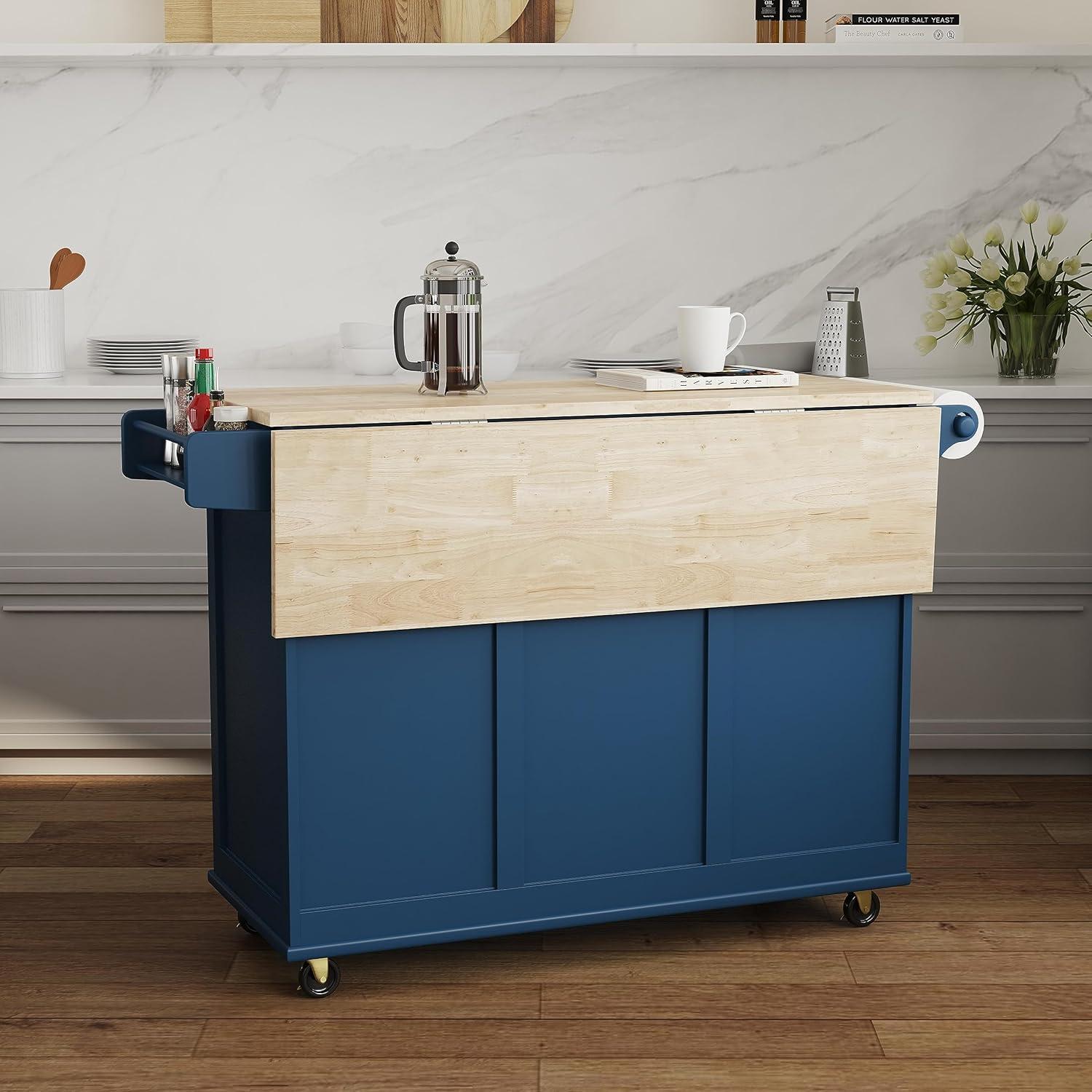 Homestyles Dolly Madison Traditional Engineered Wood Kitchen Cart in Blue/Brass