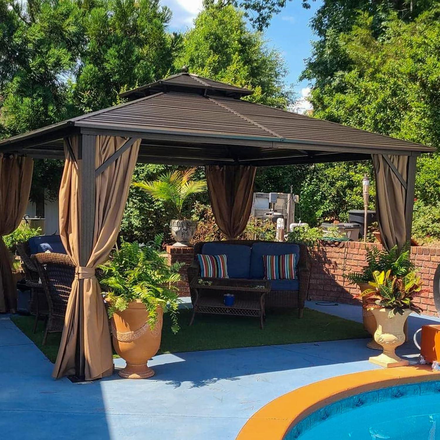 12'x12' Brown Aluminum and Steel Hardtop Gazebo with Curtains