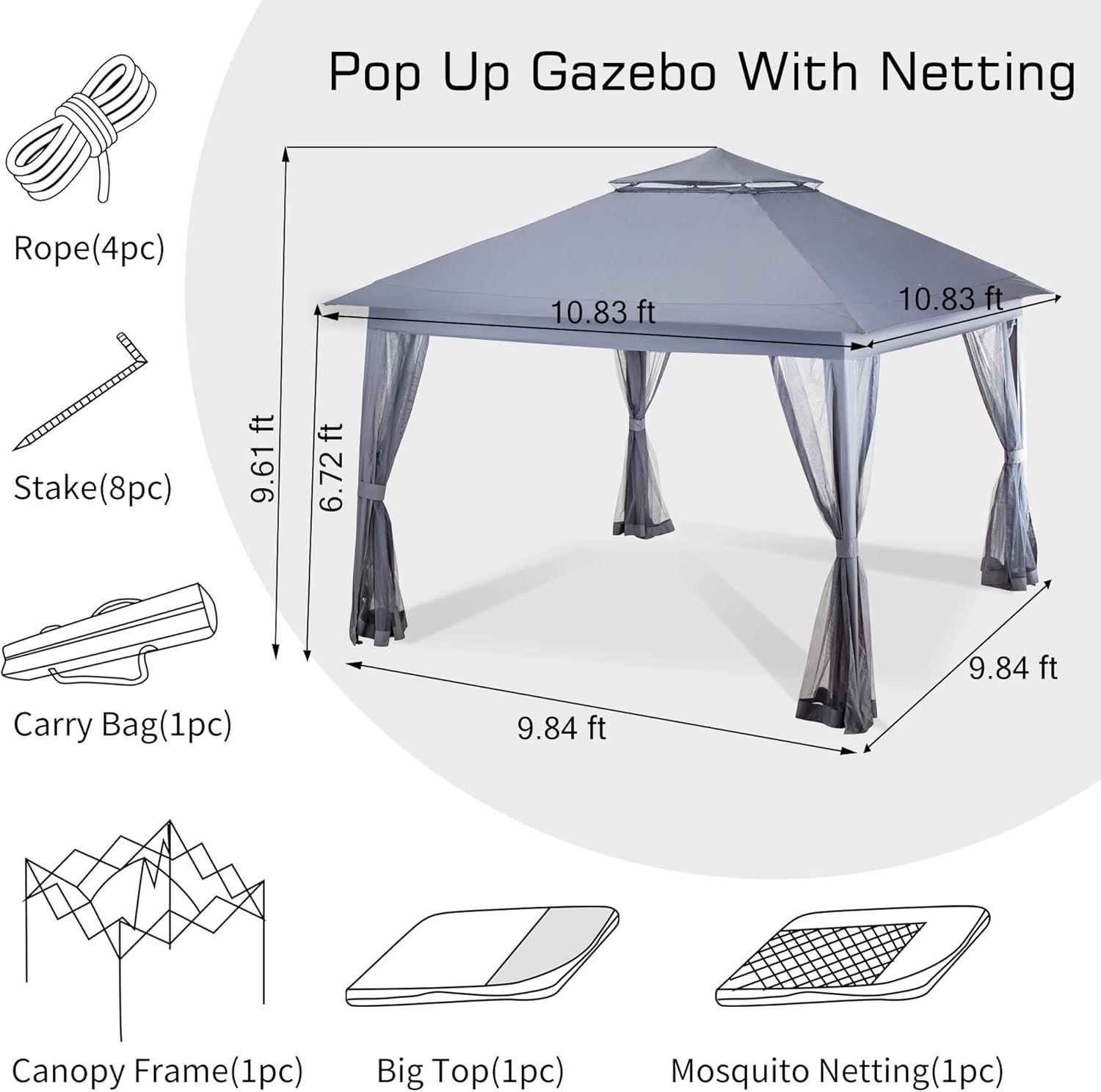 11x11 Outdoor Pop up Greu Gazebo for Patios Canopy for Shade and Rain with Mosquito Netting