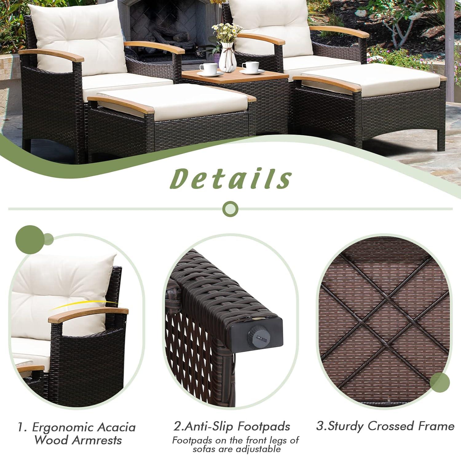 5-Piece Brown Wicker and Wood Patio Set with White Cushions