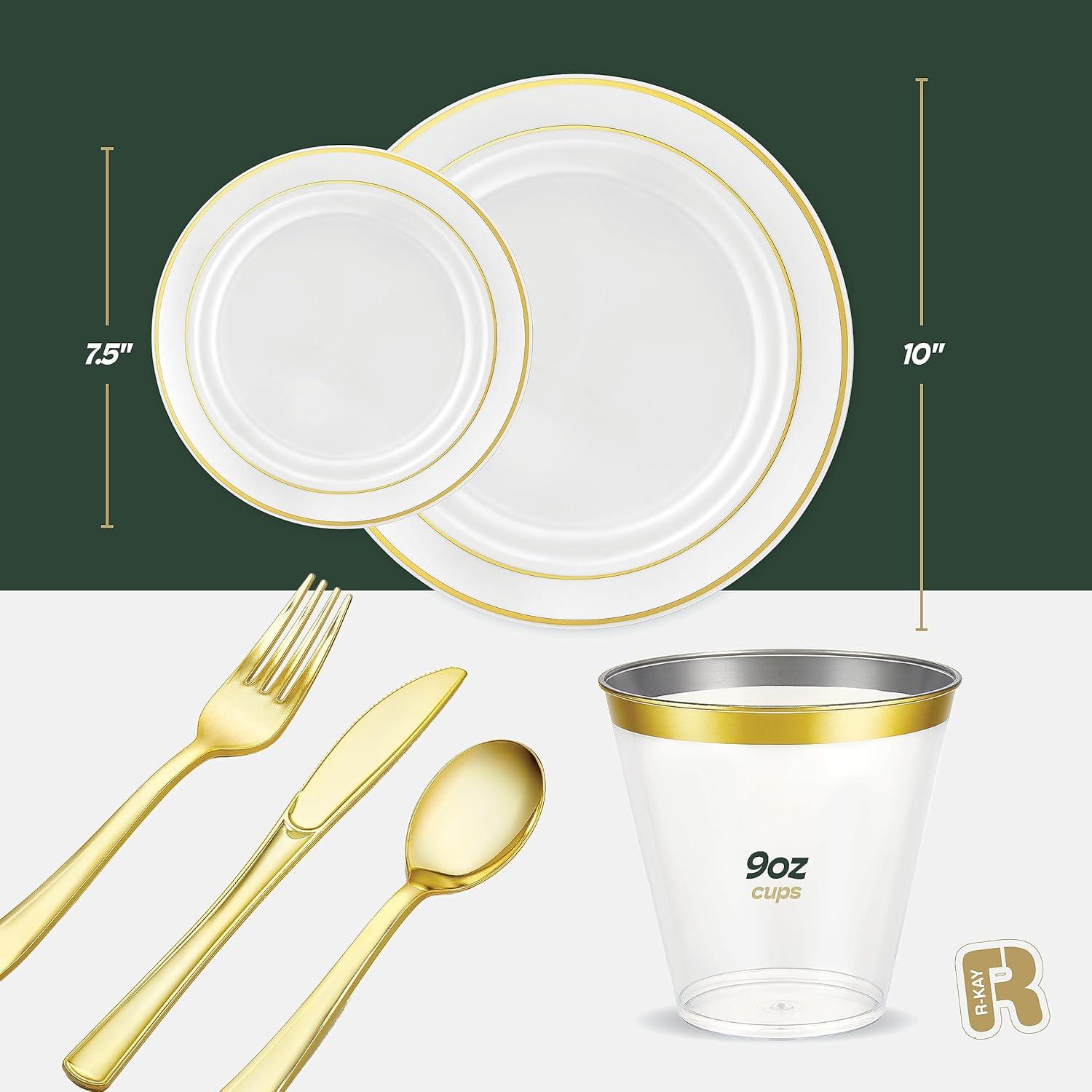 Gold Disposable Dinnerware Set for 100 Guests - 600PC BPA-Free Plastic Plates & Cutlery Kit with 100 Dinner Plates, Salad Plates, Forks, Knives, Spoons & Cups for Wedding, Party, Catering (Heavy-Duty)