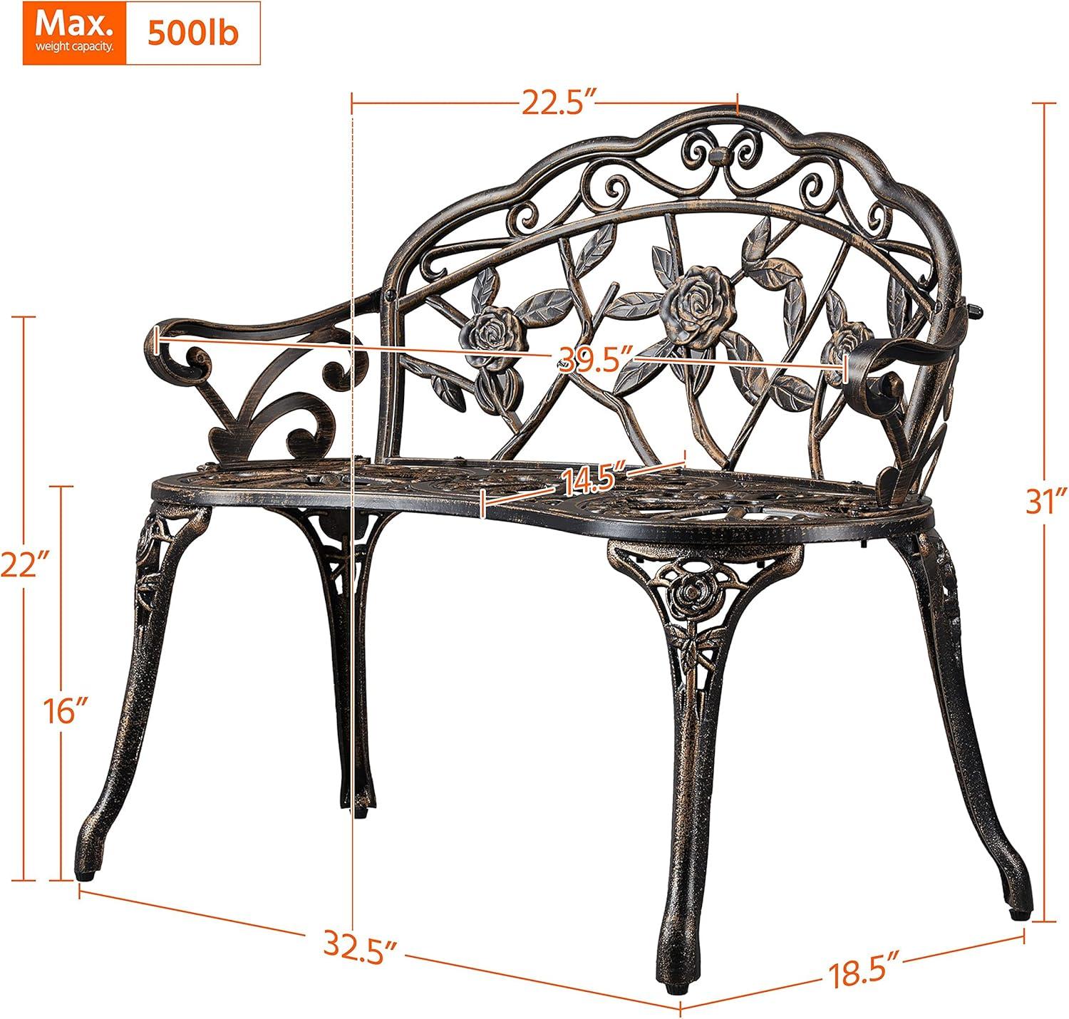 QSHIMY Patio Garden Bench Park Metal Rose Outdoor Benches, Aluminium Vintage Antique Furniture Chair Outside Benches Weather Proof Bench for Outdoor Porch, Lawn, Balcony, Backyard, Bronze