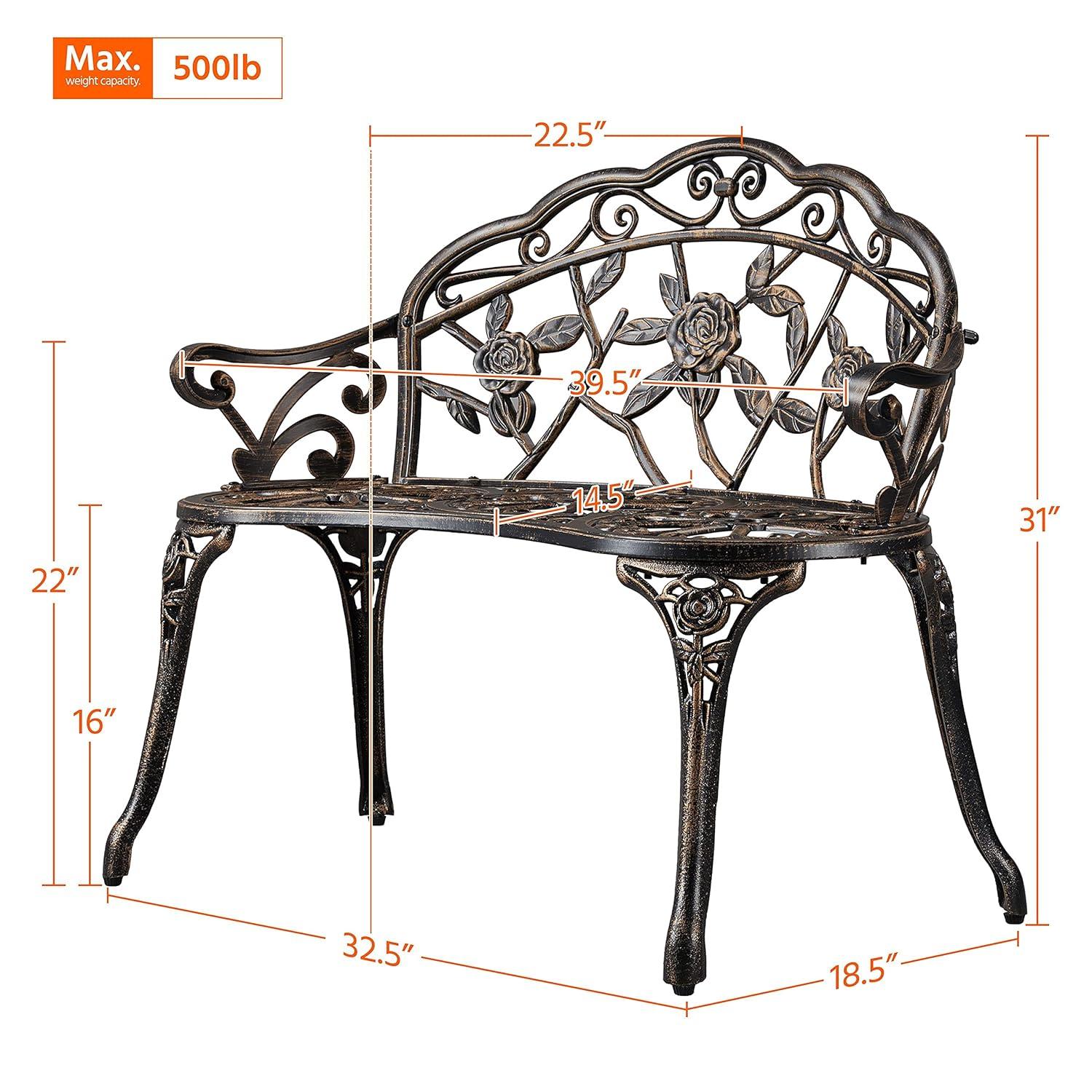 QSHIMY Patio Garden Bench Park Metal Rose Outdoor Benches, Aluminium Vintage Antique Furniture Chair Outside Benches Weather Proof Bench for Outdoor Porch, Lawn, Balcony, Backyard, Bronze