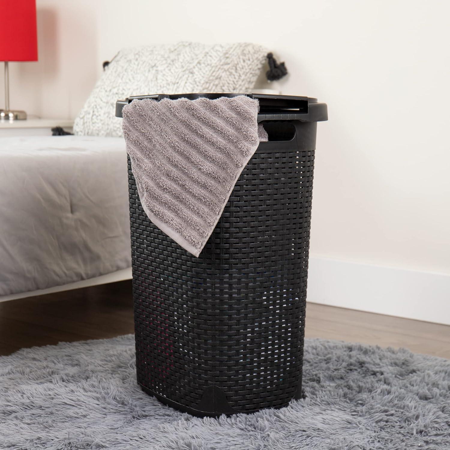 Mind Reader 60L Slim Laundry Hamper, Clothes Basket, Lid, Wicker Style, Plastic, 17.65"L x 13.75"W x 24.15"H, 2-Pack