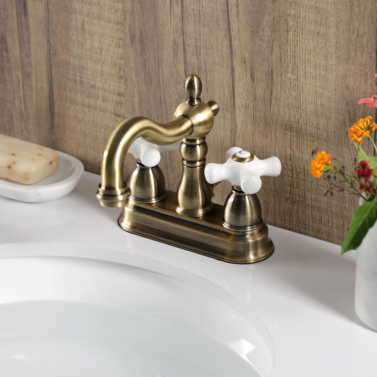 Kingston Brass Heritage Two-Handle 3-Hole Deck Mount 4" Centerset Bathroom Faucet with Plastic Pop-Up