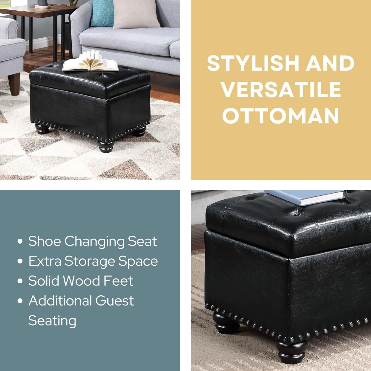 Convenience Concepts Designs4Comfort 5th Avenue Storage Ottoman, Black Faux Leather