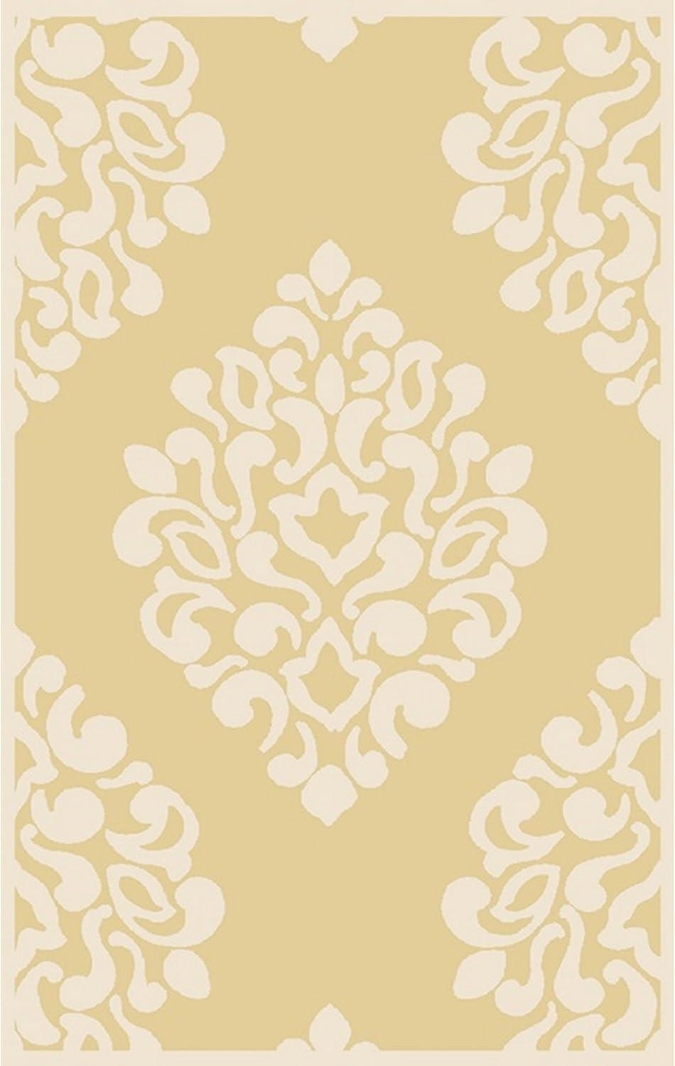 Floret Damask Handmade Tufted Wool Beige/Ivory Area Rug