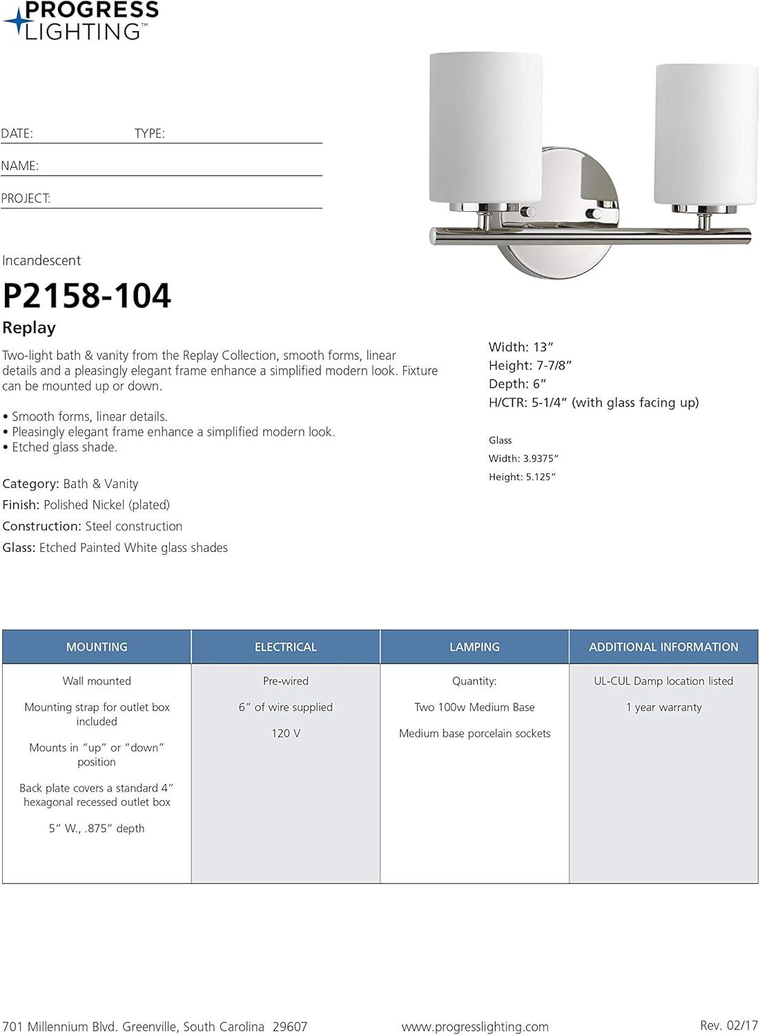 Progress Lighting Replay Collection 2-Light Bath Vanity, Polished Nickel, Shade Included