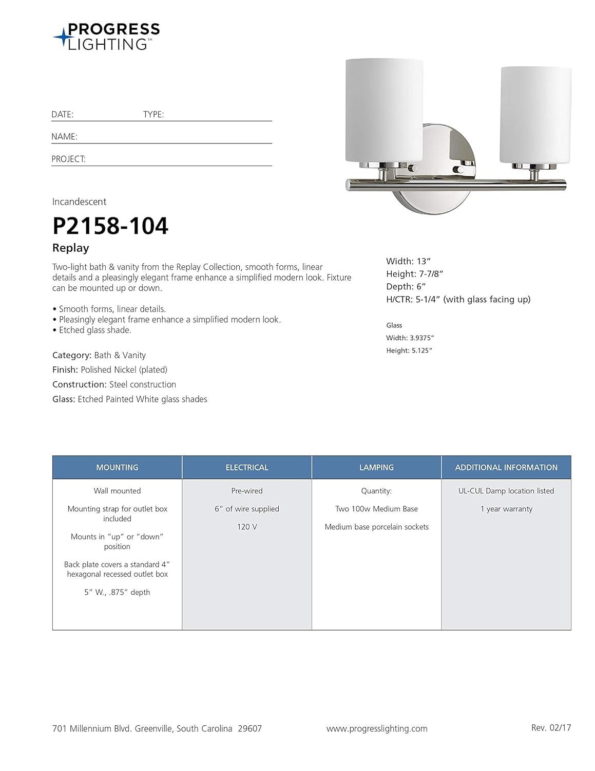 Progress Lighting Replay Collection 2-Light Bath Vanity, Polished Nickel, Shade Included