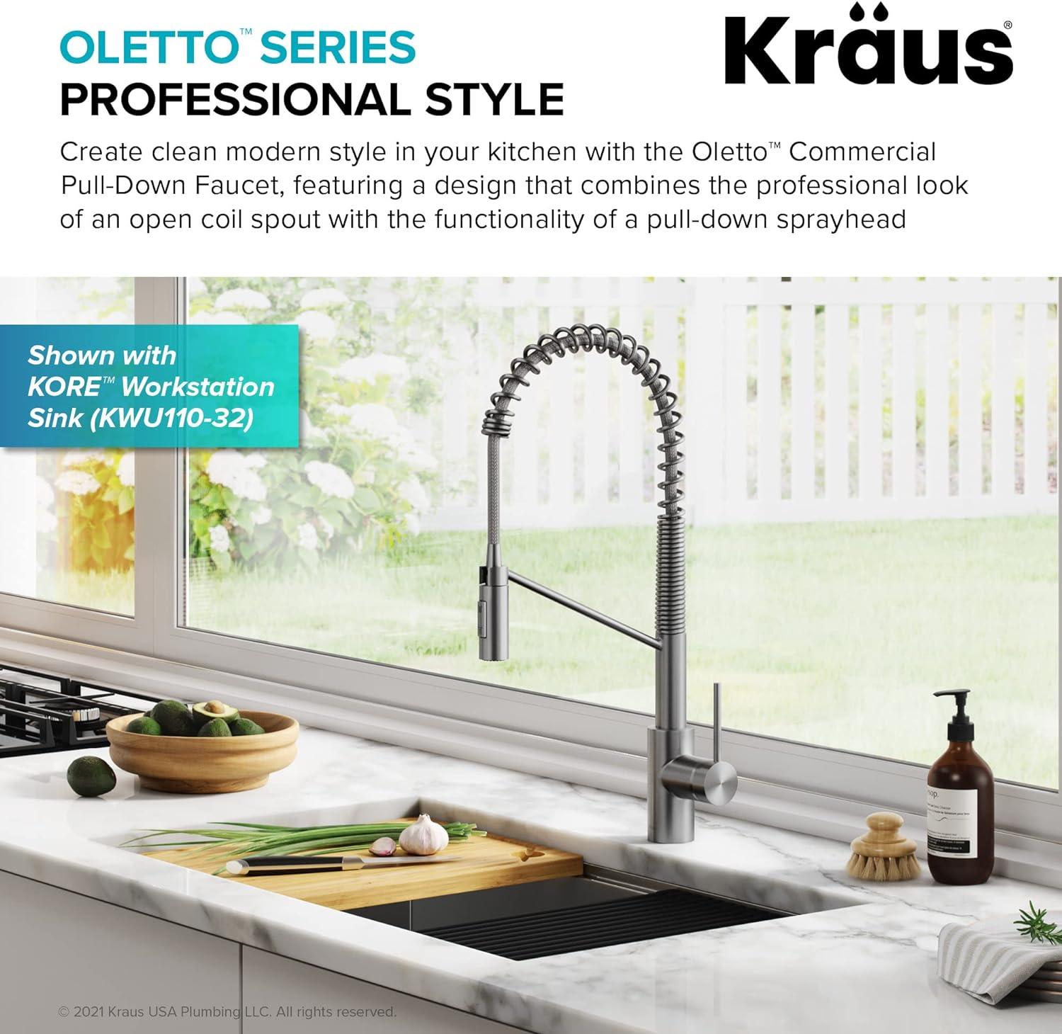 KRAUS Oletto Commercial Style Single Handle Pull Down Kitchen Faucet with QuickDock Top Mount Installation Assembly