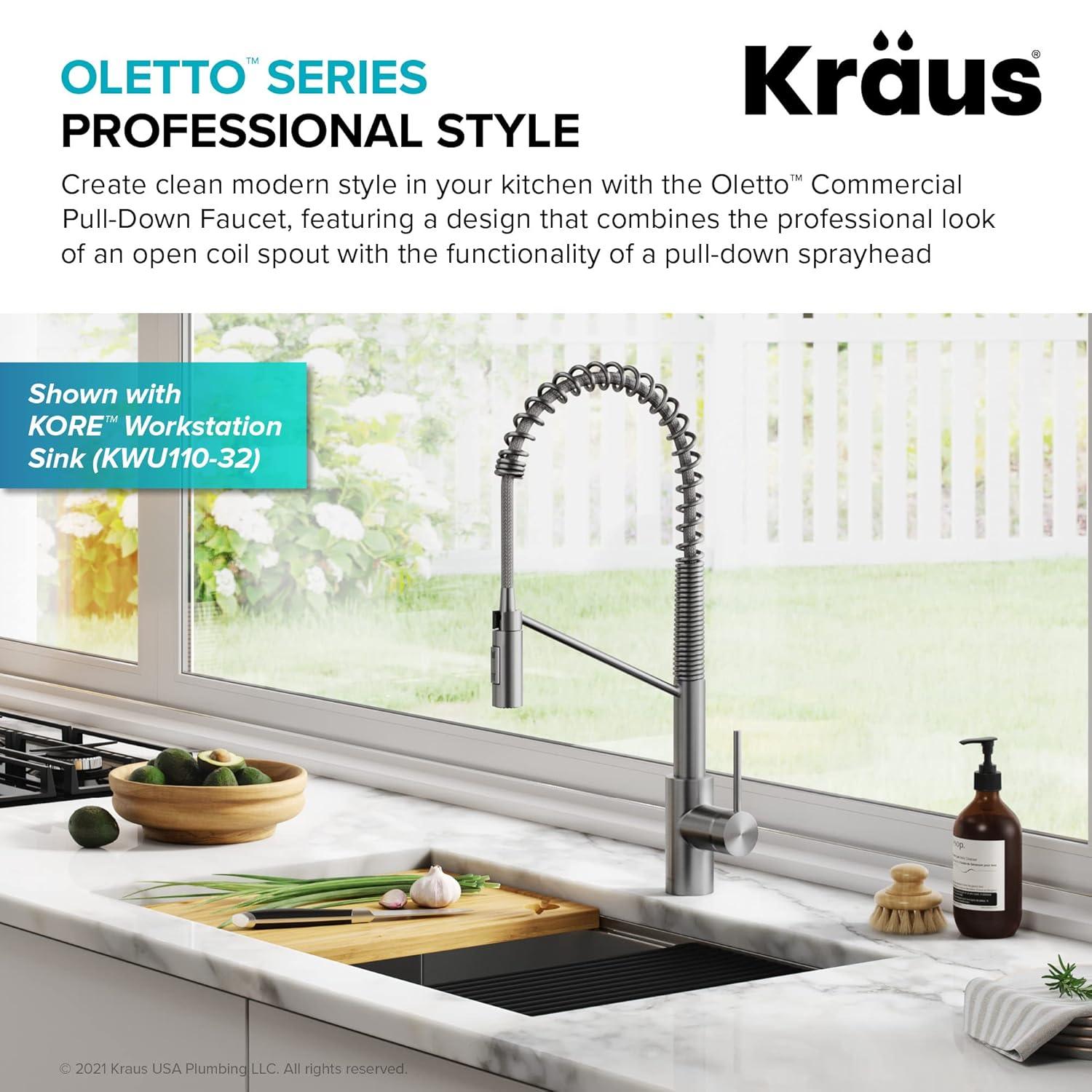 KRAUS Oletto Commercial Style Single Handle Pull Down Kitchen Faucet with QuickDock Top Mount Installation Assembly