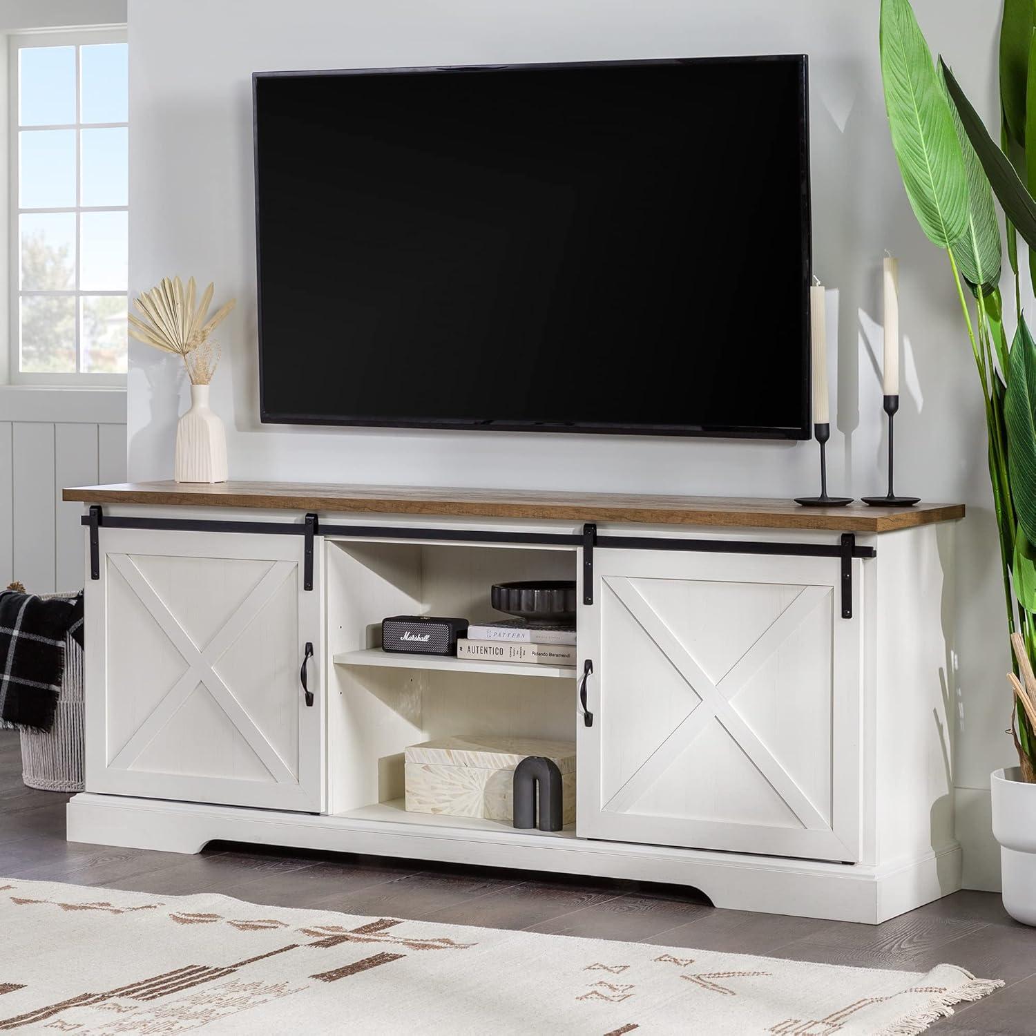 Walker Edison Sliding Barn Door 70" Farmhouse Wood TV Stand in White/Black