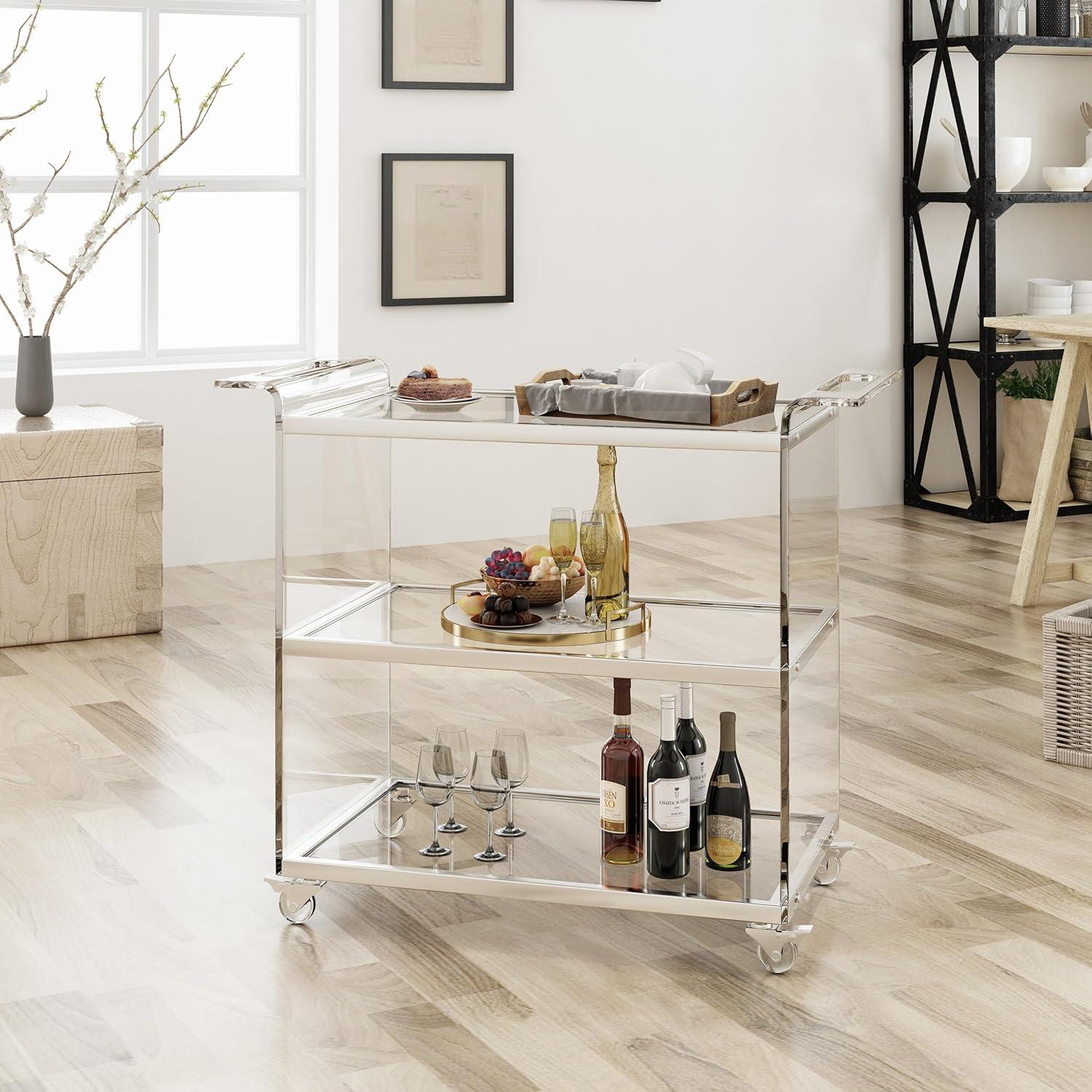 Yves Acrylic Bar Trolley Clear - Christopher Knight Home: Tempered Glass Shelves, Modern Serving Cart with Casters/Wheels