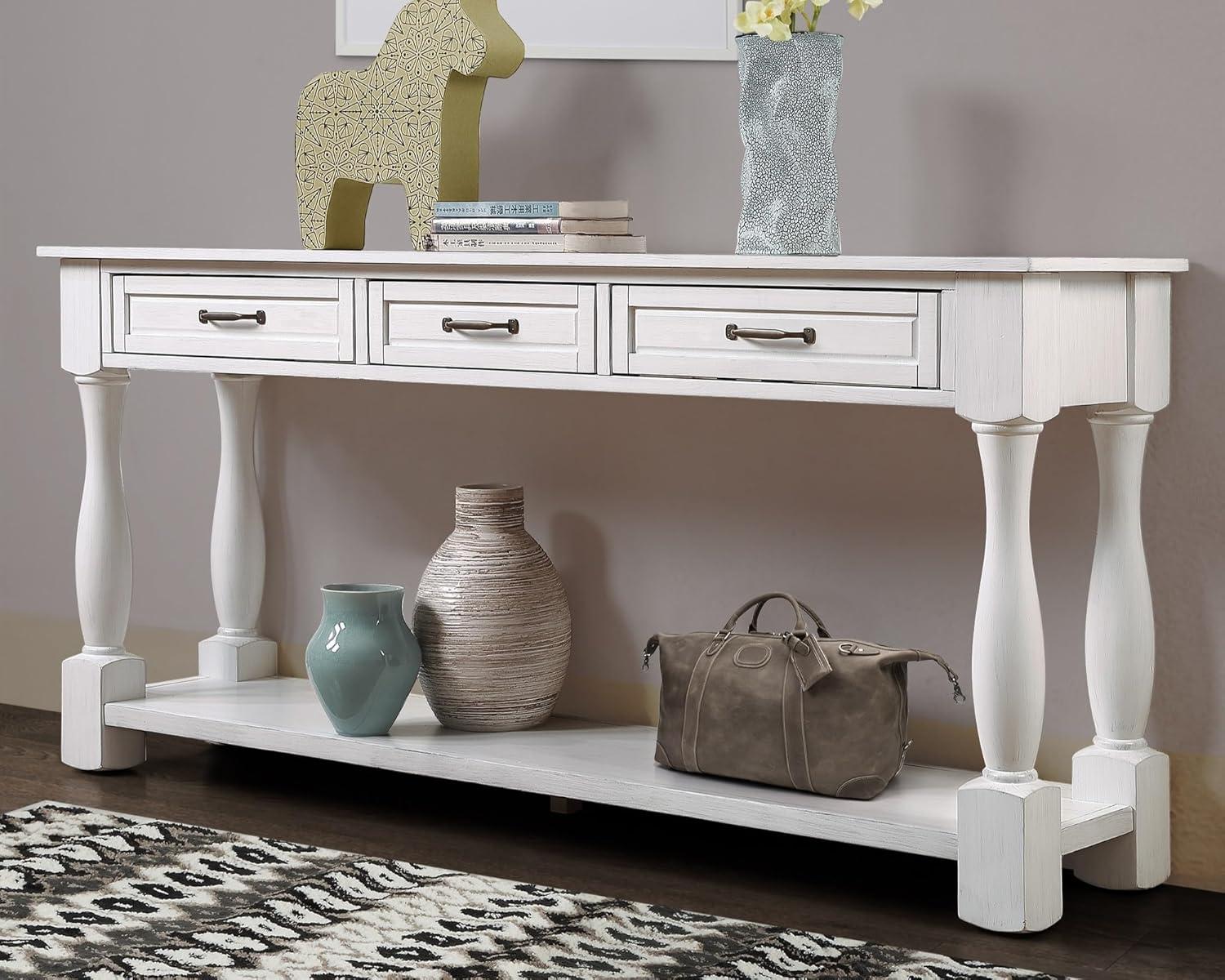 Merax Solid Wood Sofa Table with 3 Storage Drawers, 63 Inch Long Wood Console Table with Bottom Shelf, Retro Entryway Table for Living Room Hallway, Antique White