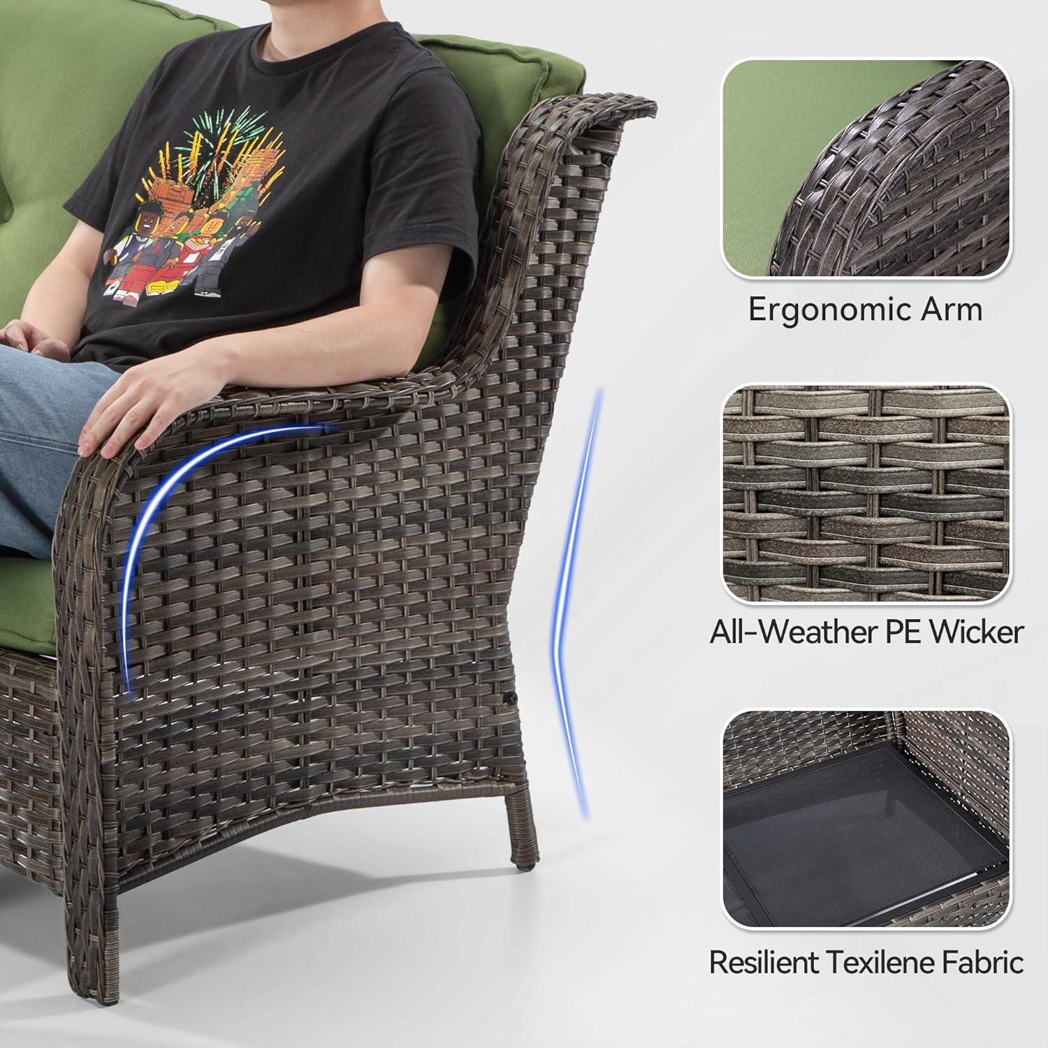 3-Seat Wicker Outdoor Patio Sofa Sectional Couch with Green Cushions