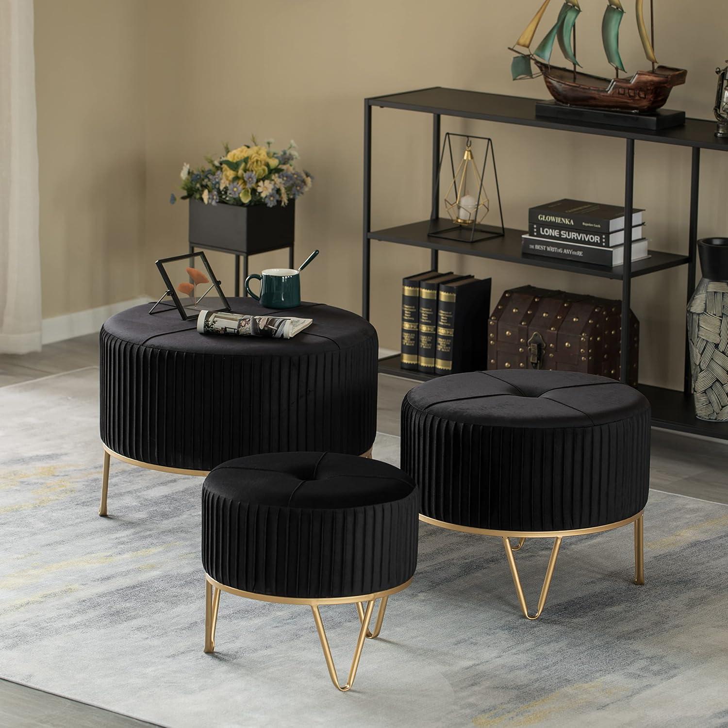 Fabulaxe Round Velvet Ottoman Stool Raised with Hairpin Gold Base, Black, Large