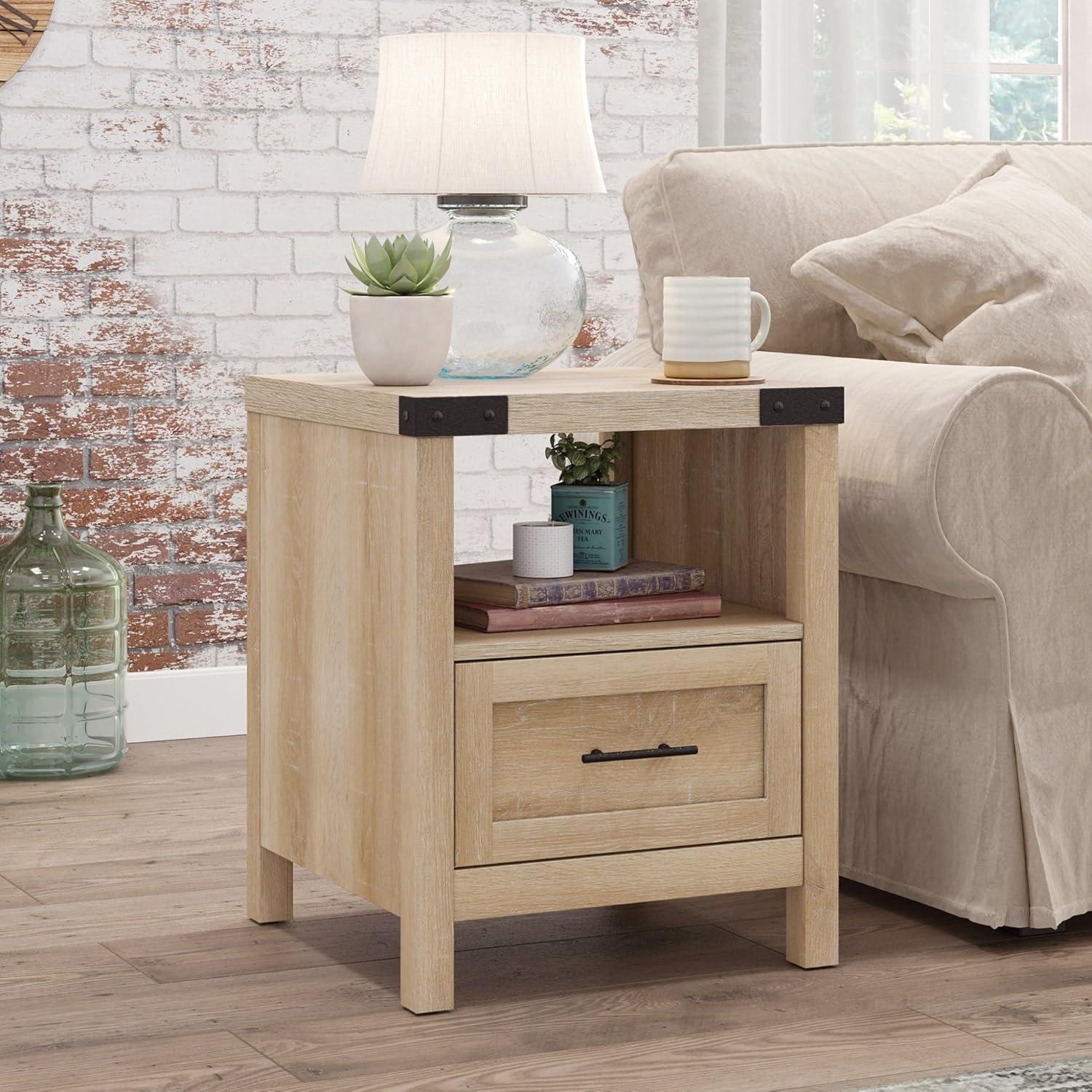 Bridge Acre Rustic Farmhouse Side Table Orchard Oak - Sauder: Open Shelf, Drawer Storage, MDF Construction