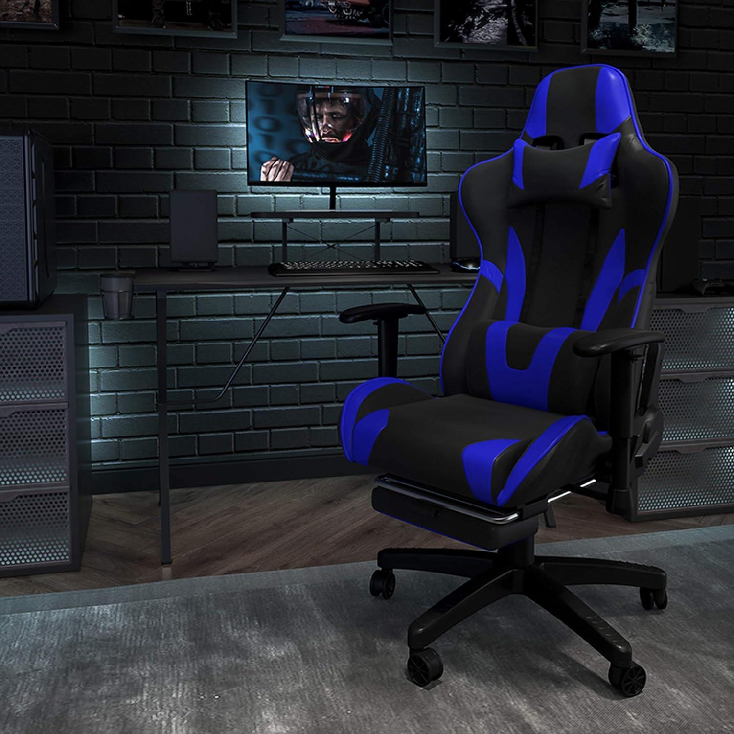 Flash Furniture X20 Gaming Chair Racing Office Ergonomic Computer PC Adjustable Swivel Chair with Reclining Back in Blue LeatherSoft