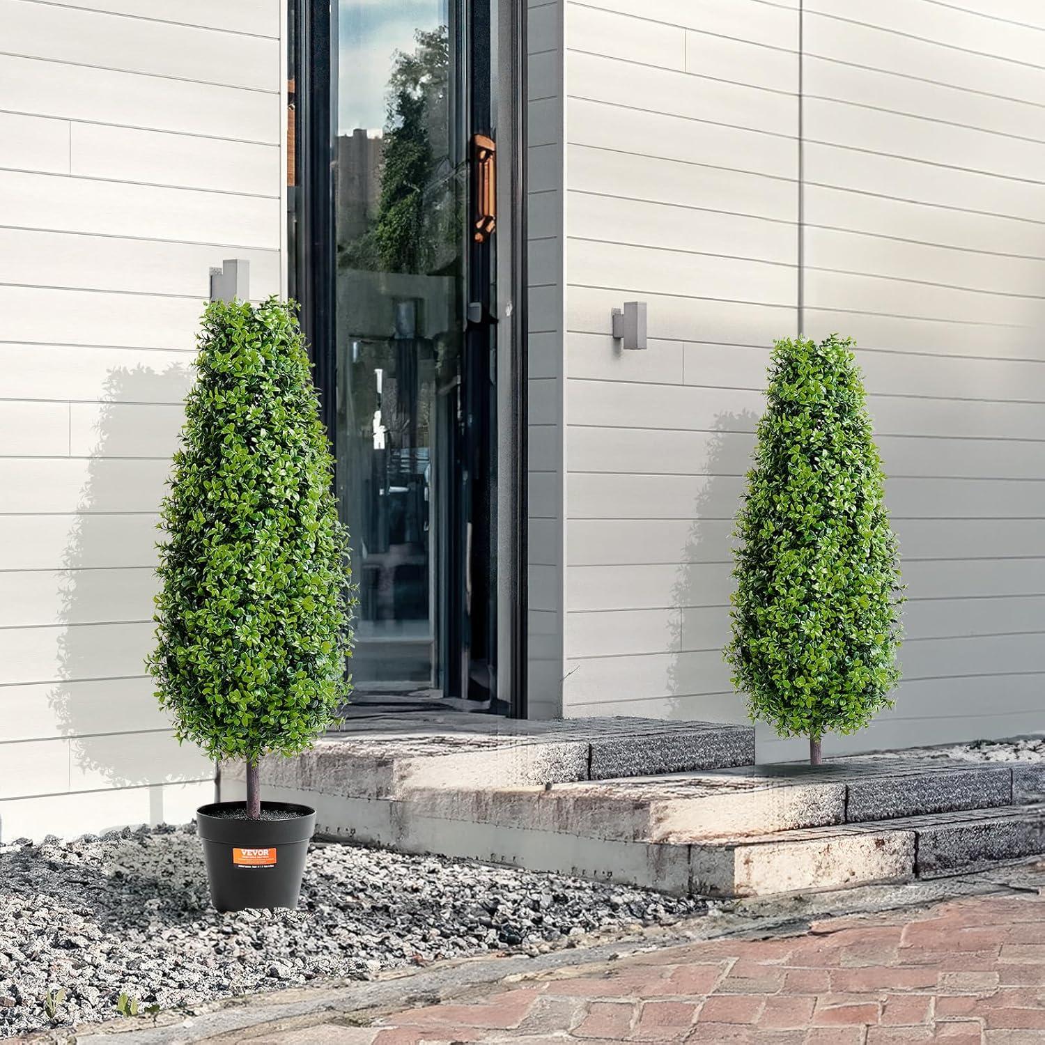 VEVOR Artificial Boxwood Topiary Tree, 36 inch Tall (2 Pieces), Faux Topiary Trees, Green Faux Plant w/Extra Leaves & Pot & Small Decoration, UV Rated Greenery Set for Home Decor Indoor/Outdoor