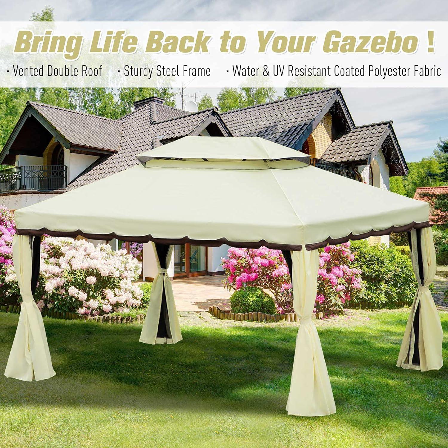 Outsunny 10' x 13' Patio Gazebo, 2-Tier Polyester Roof, Vented Canopy, Mesh, Portable Aluminum Frame for Outdoor, Cream White