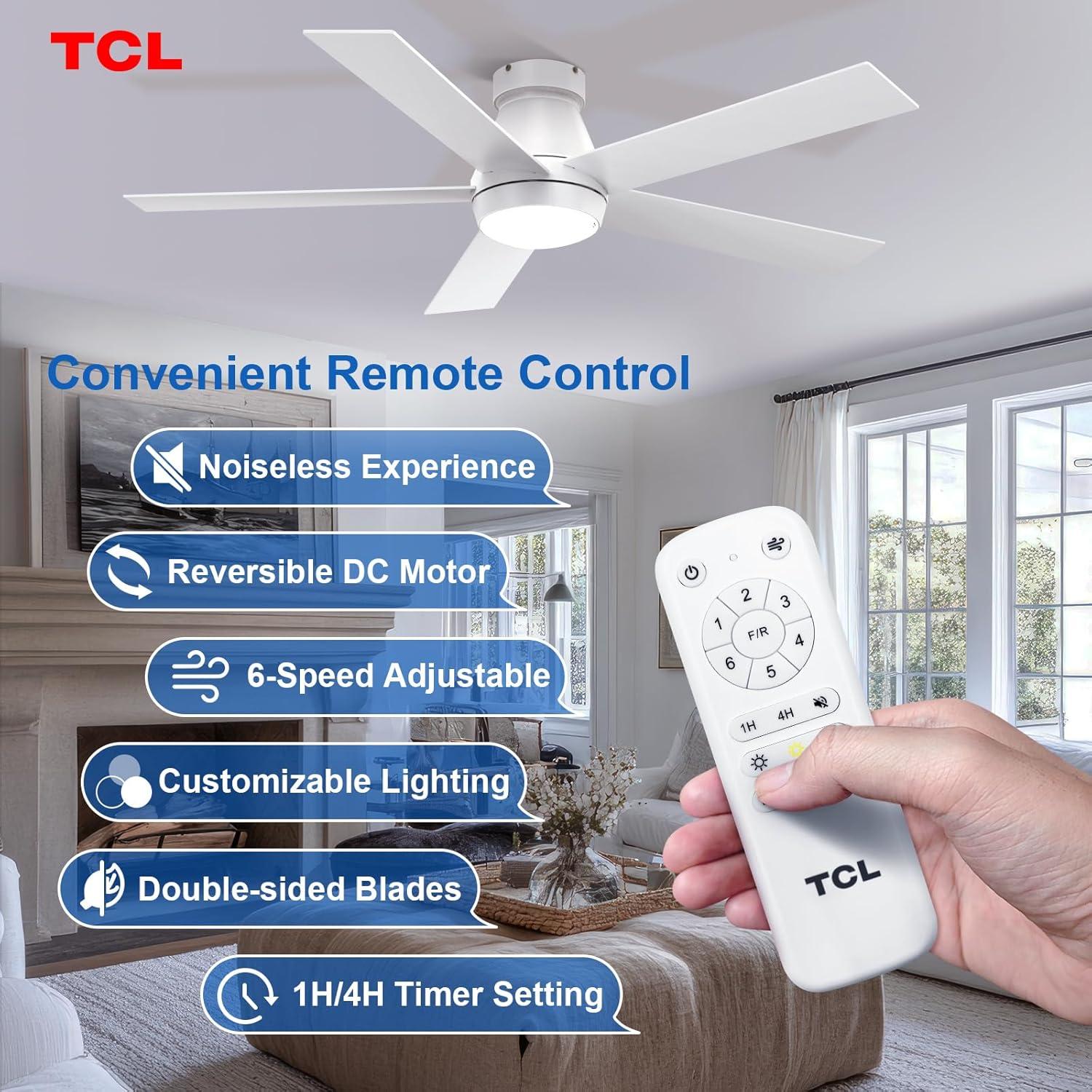 TCL 52" Modern Ceiling Fan with Lights, 5 Blades, 6 Speeds DC Reversible, Dimmable, White Flush Mount for Bedroom, Living Room and Garage