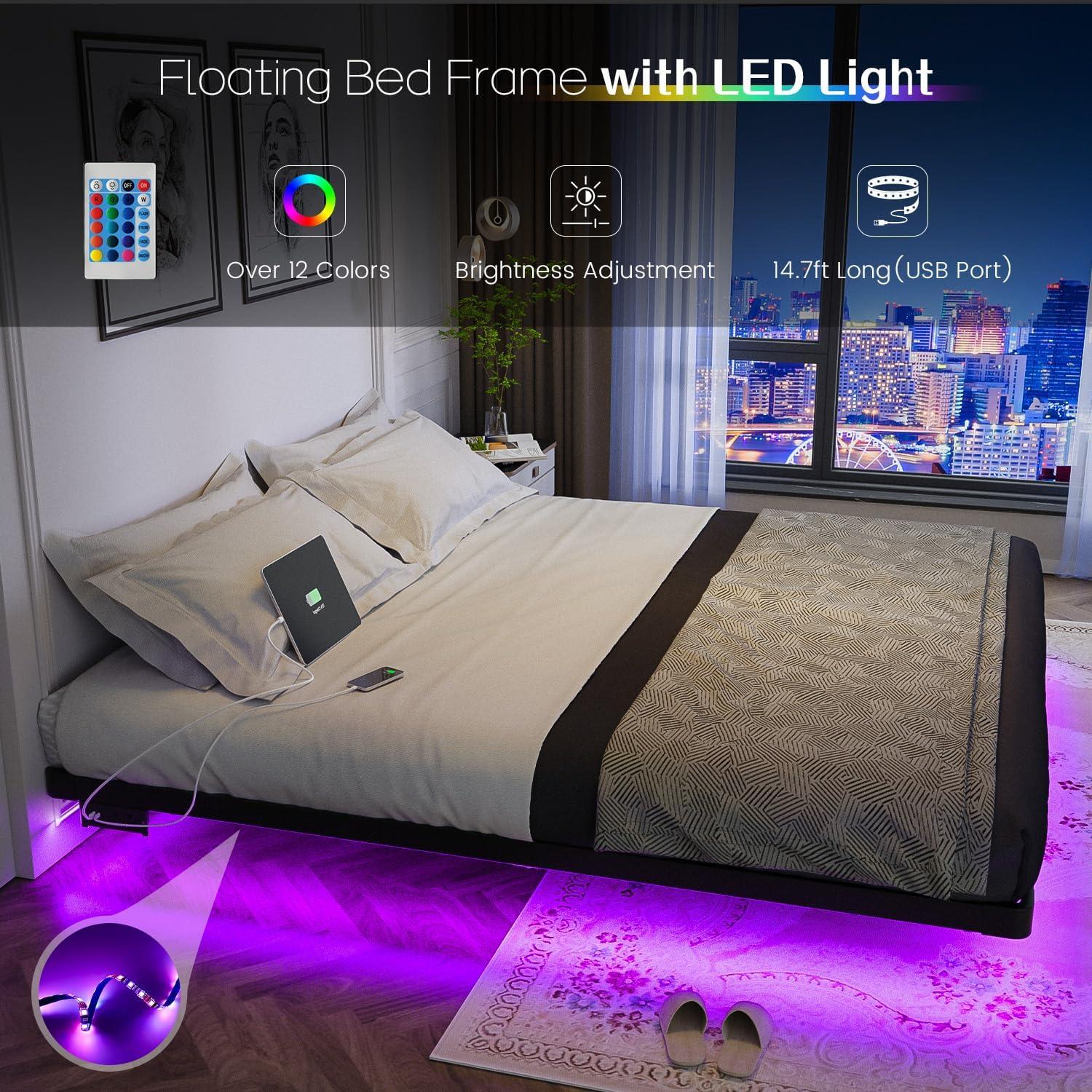 Alwyn Home Floating Bed Frame With Led Lights Metal Platform Bed, No Squeak