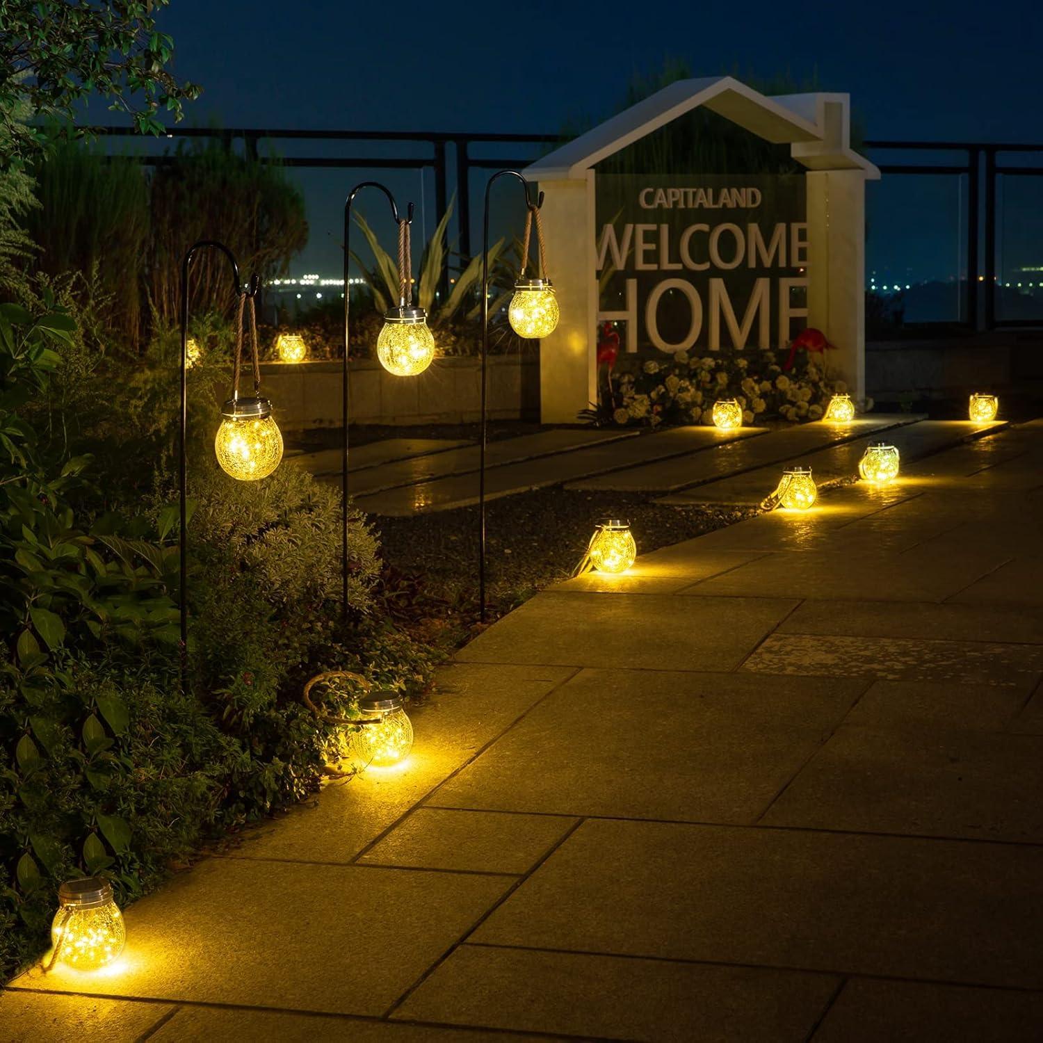 Warm White Crackled Glass Solar Powered Outdoor Lanterns