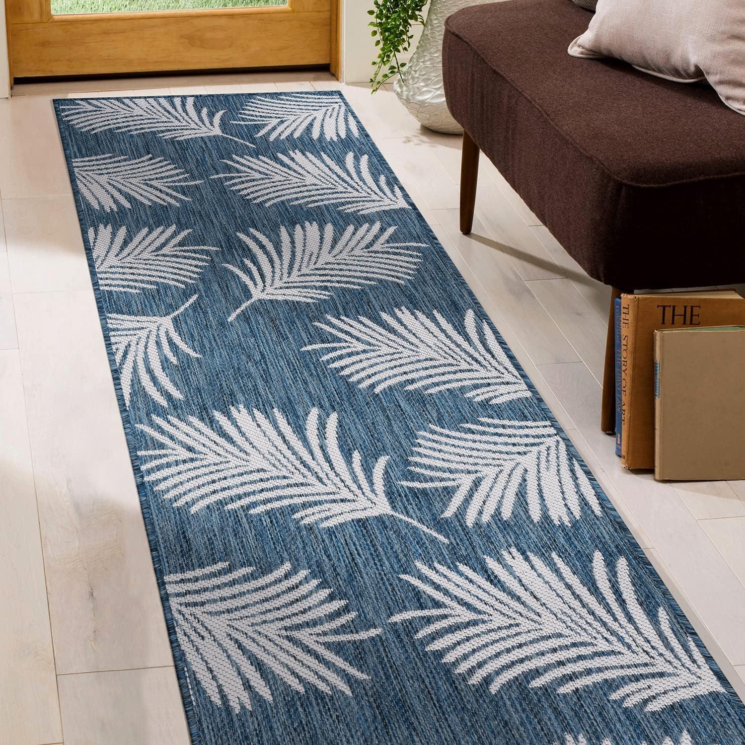 Tropical Navy Floral Flatwoven Synthetic 2'x7' Indoor/Outdoor Rug