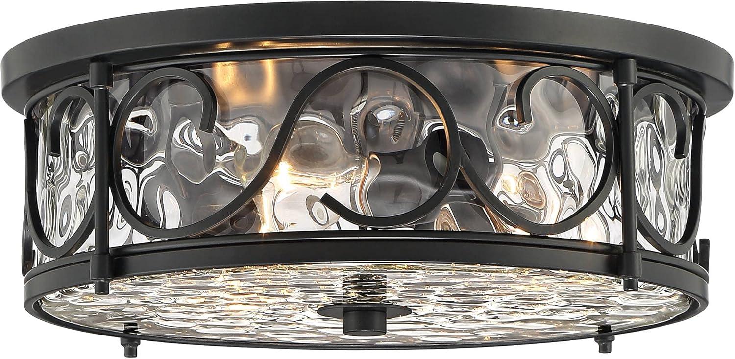 John Timberland Paseo Rustic Industrial Flush Mount Outdoor Ceiling Light Matte Black 6 1/4" Clear Hammered Glass Damp Rated for Post Exterior Barn