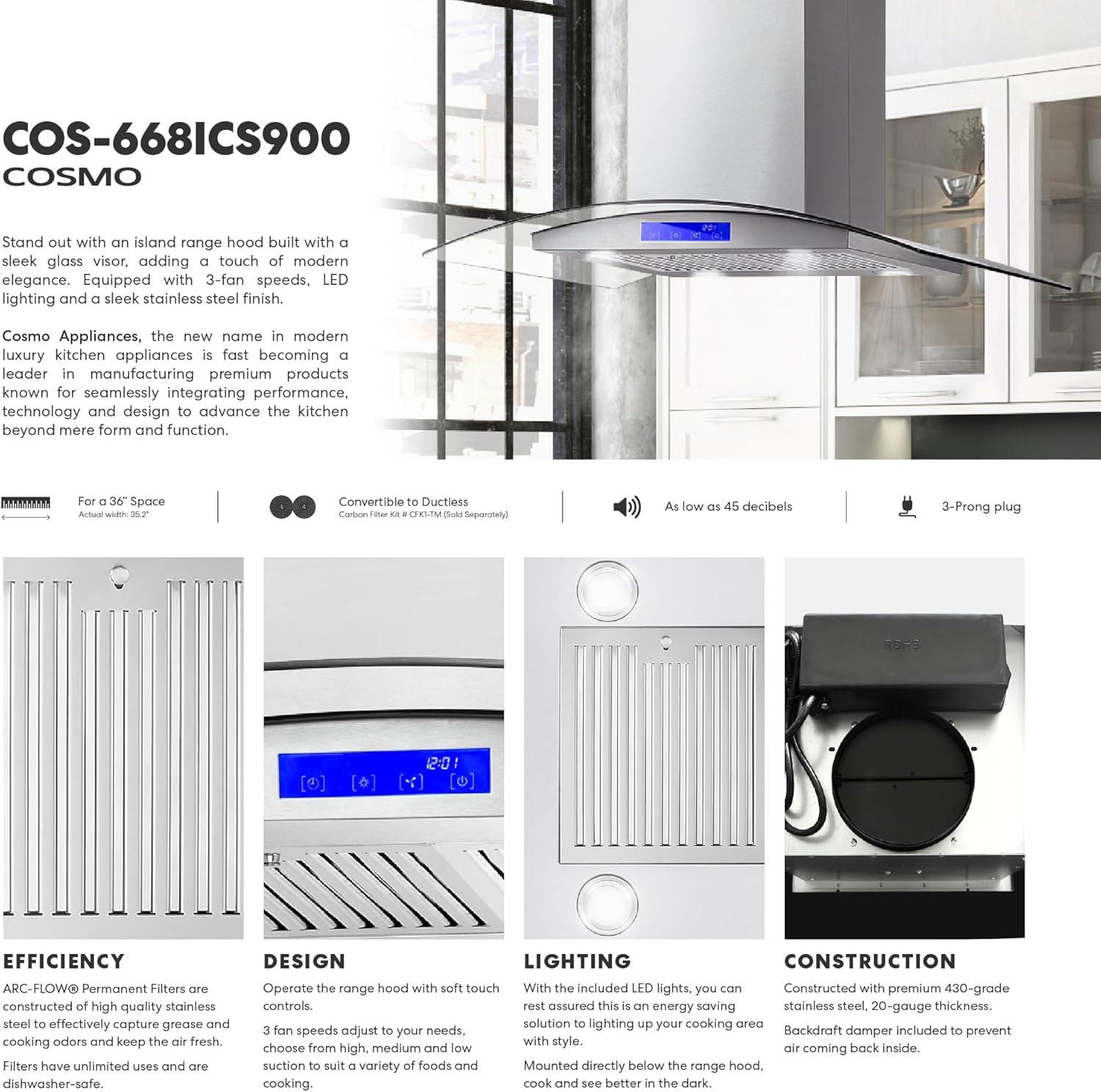 Cosmo COS-668ICS900 36 Inch Island Range Hood w/ Touch Controls, Stainless Steel