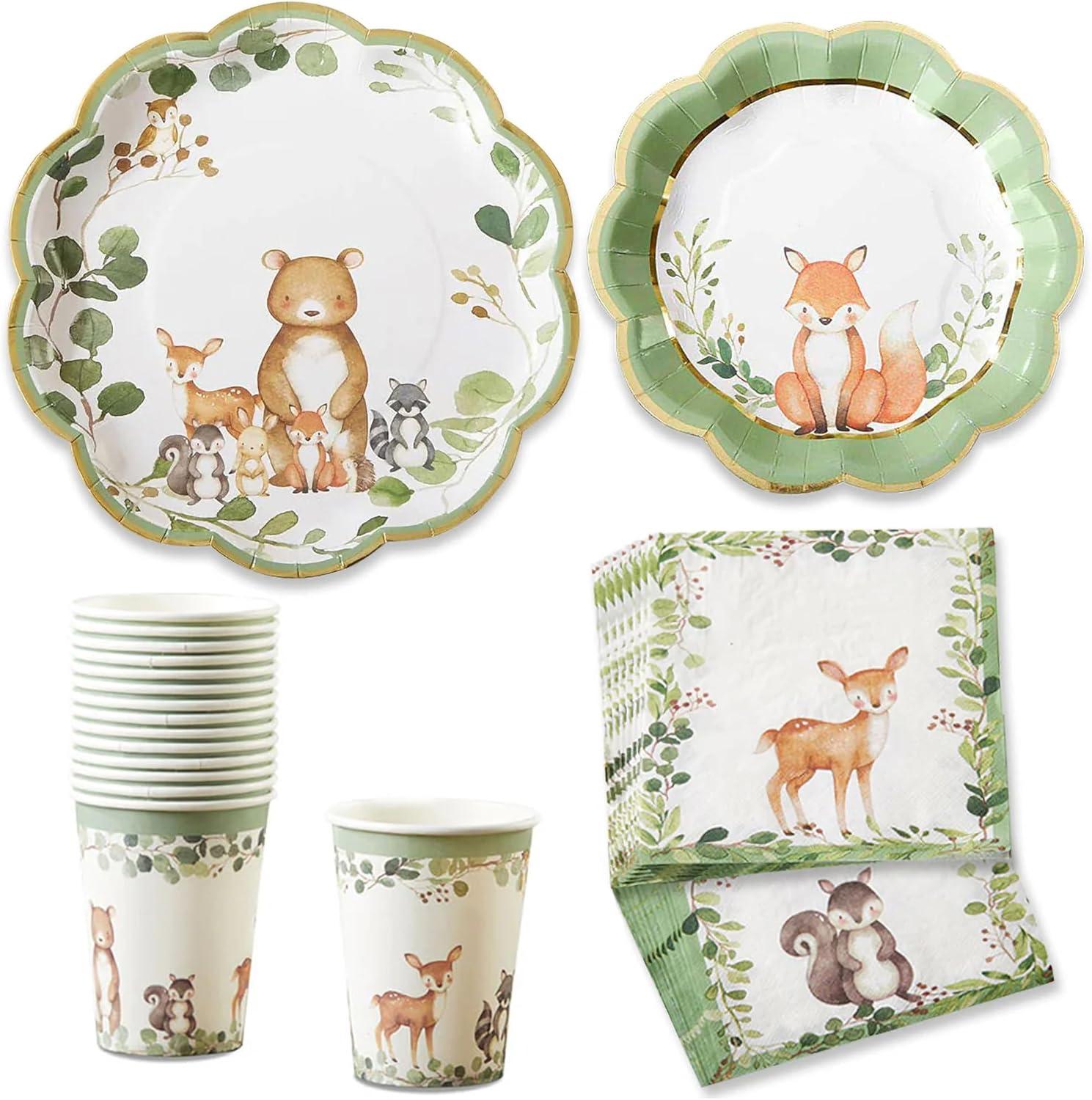 Kate Aspen Kate Aspen Woodland Baby Shower Decorations; 78-Piece Disposable Party Plates; Cups & Napkins Set for 16 Guests – Adorable Woodland Animals Theme, Table Decor; Birthday; Gender Neutral Party (Set of 78)