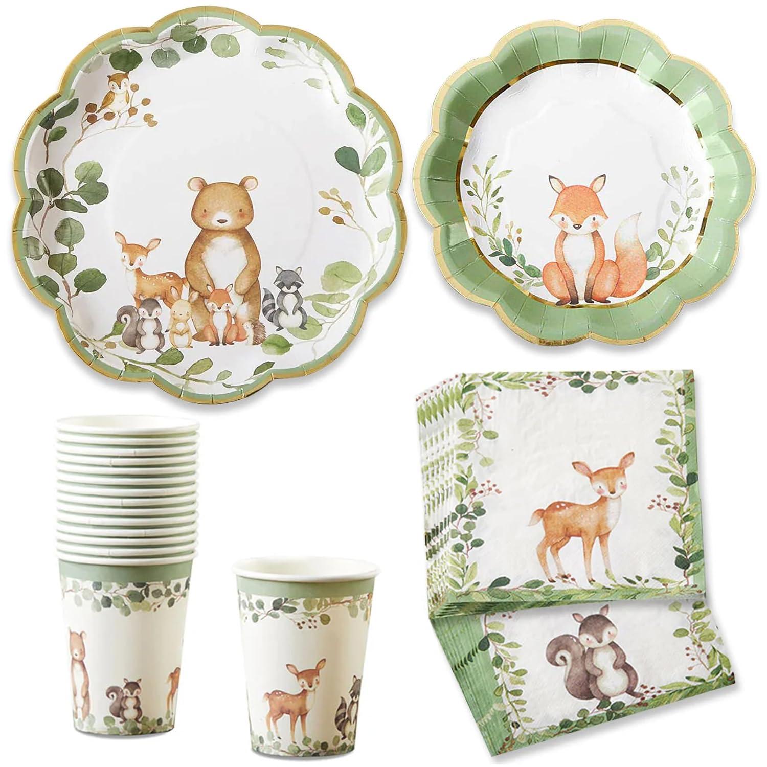 Kate Aspen Kate Aspen Woodland Baby Shower Decorations; 78-Piece Disposable Party Plates; Cups & Napkins Set for 16 Guests – Adorable Woodland Animals Theme, Table Decor; Birthday; Gender Neutral Party (Set of 78)