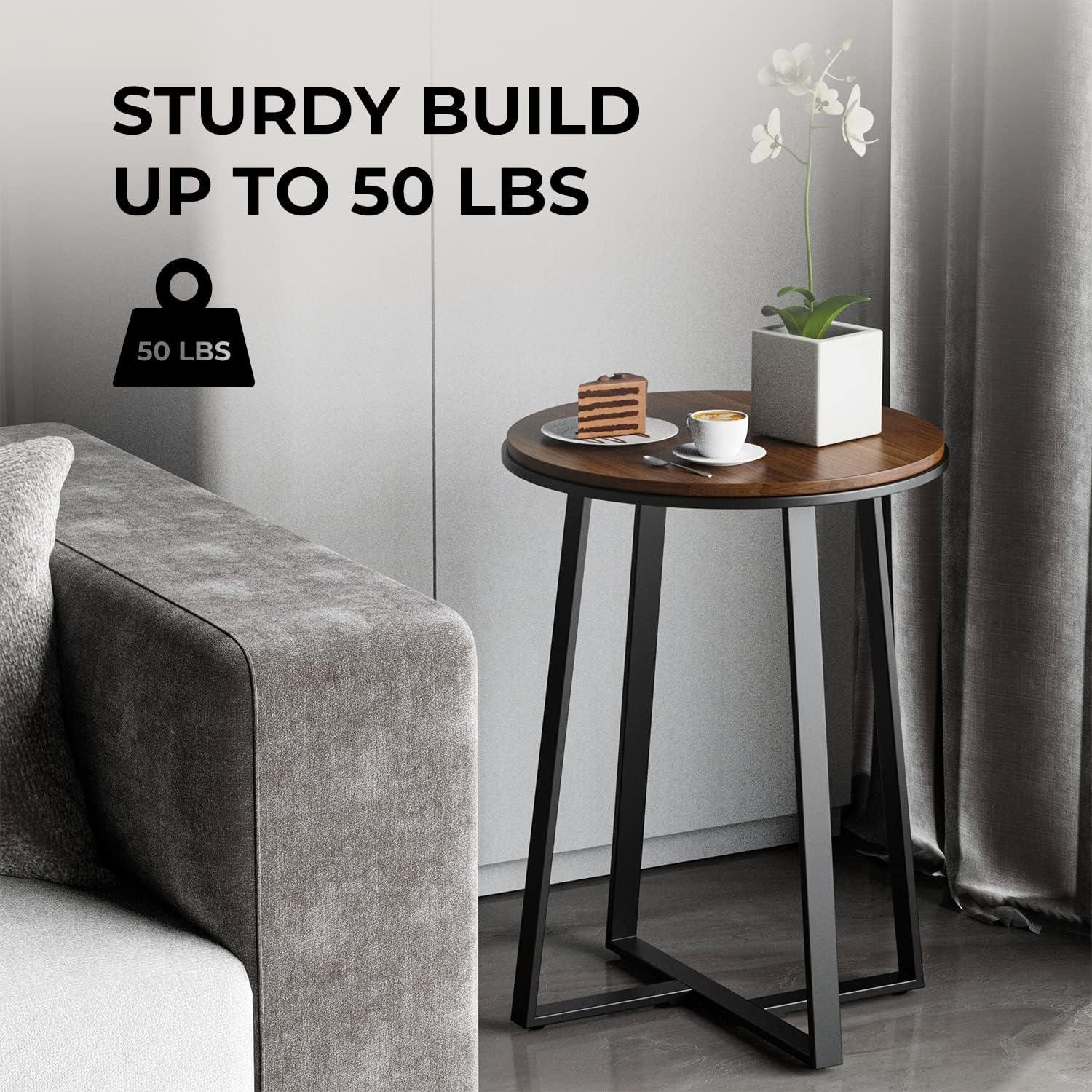 Round Small End Table Walnut Color MDF Top,Metal Frame Black, Tall End Table for Bed Room,Coffee Tea End Table for Living Room(Walnut+Black)