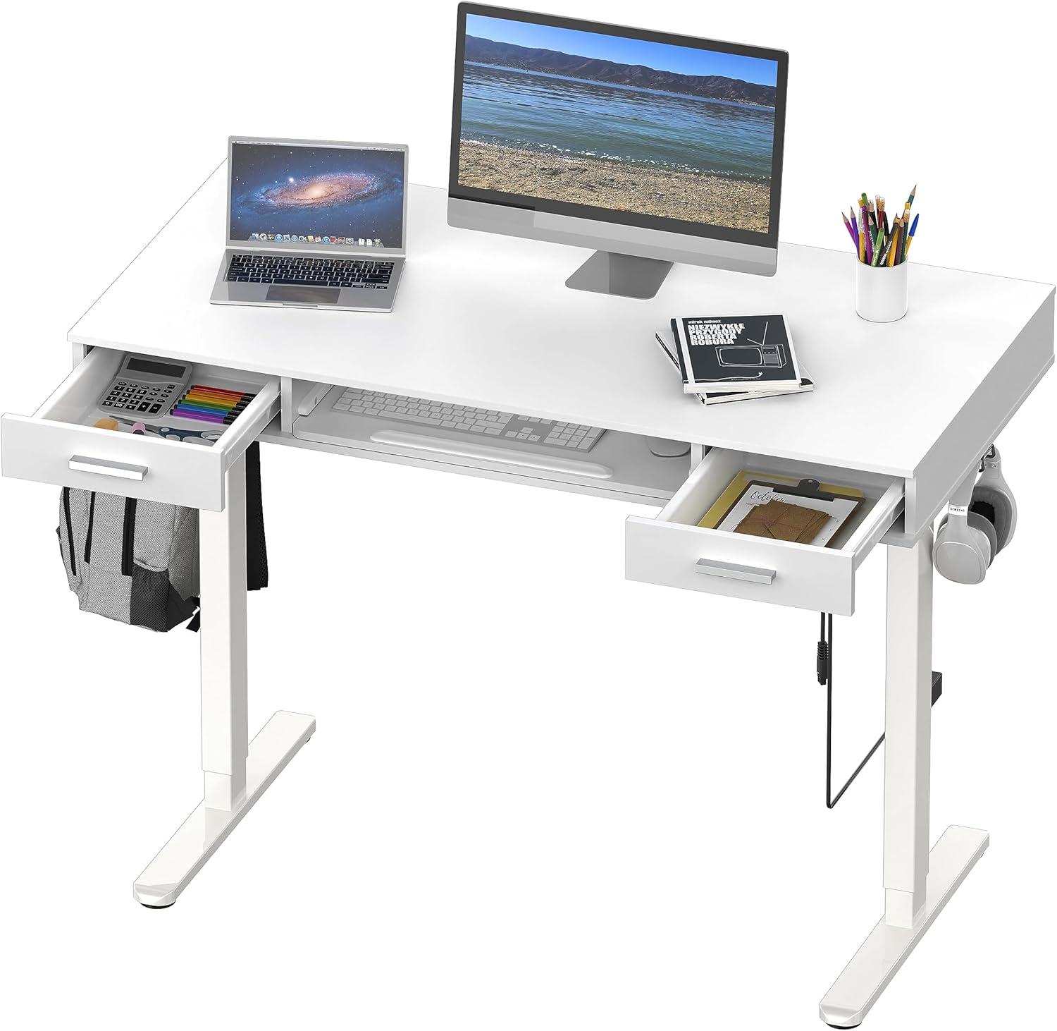 SHW Electric Height Adjustable Desk with Drawer and Keyboard Tray