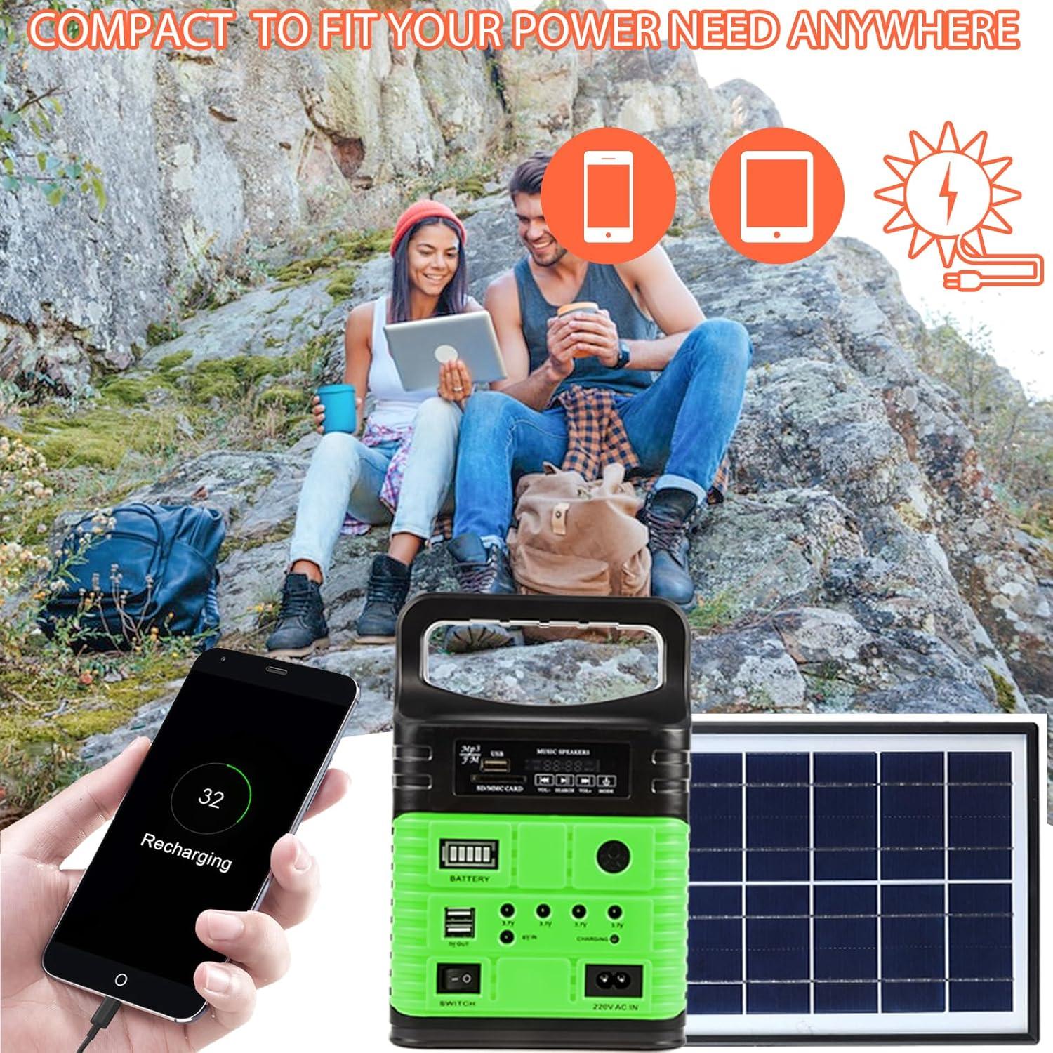 Green Portable Solar Power Station with LED Lights and USB Outlets