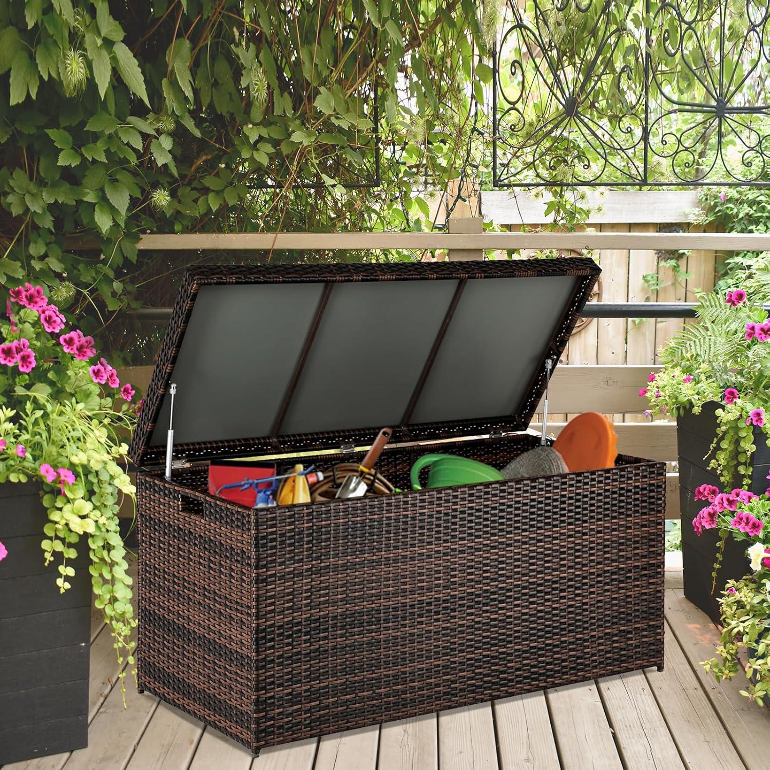 Dark Brown Lockable Wicker and Plastic Outdoor Deck Box