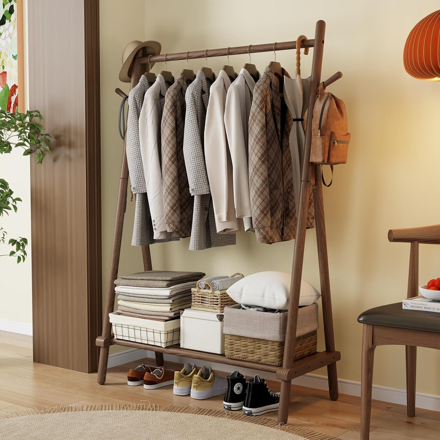 Walnut Rubberwood Portable Clothes Rack with Shelf and Hooks