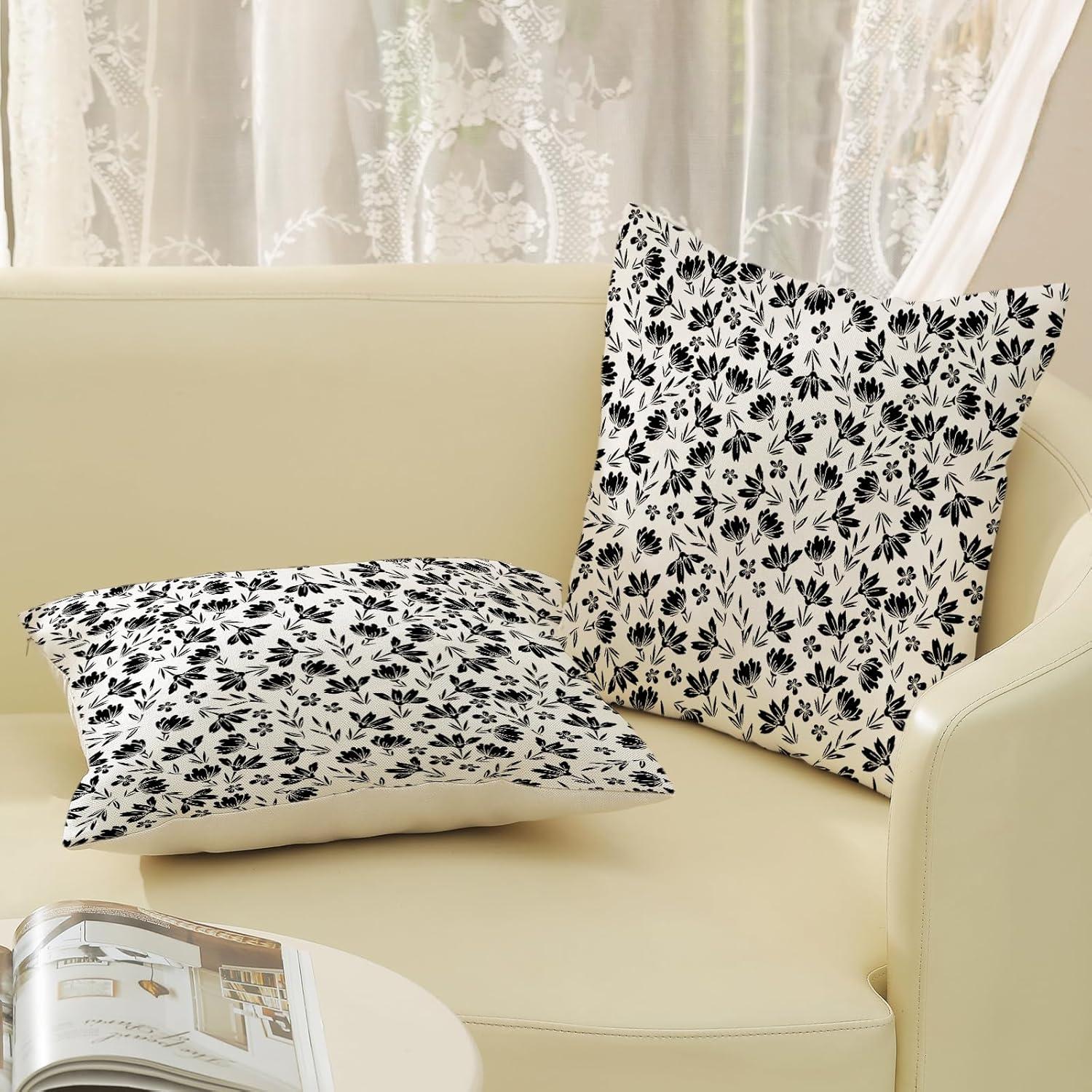 Chinoiseries Spring Pillow Covers 18x18 Set of 2, Black White Birds and Floral Throw Pillows Farmhouse Vintage Outdoor Decorative Cushion Case Decorations for Home Couch Sofa