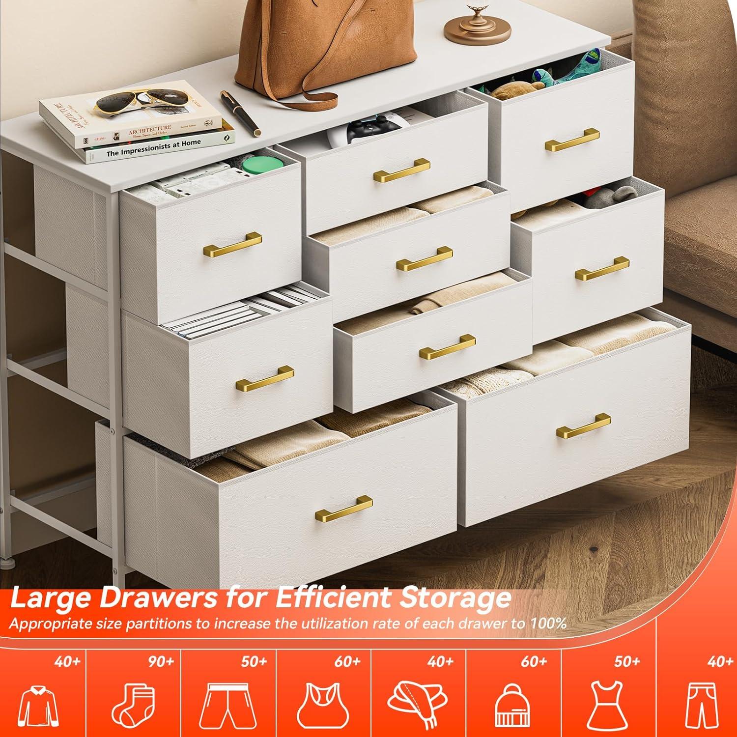 White Fabric Chest of Drawers with Leather Finish, Wide Dresser for Bedroom & Living Room TV Stand, Entertainment Center, Featuring 9 Drawers for 50” TV