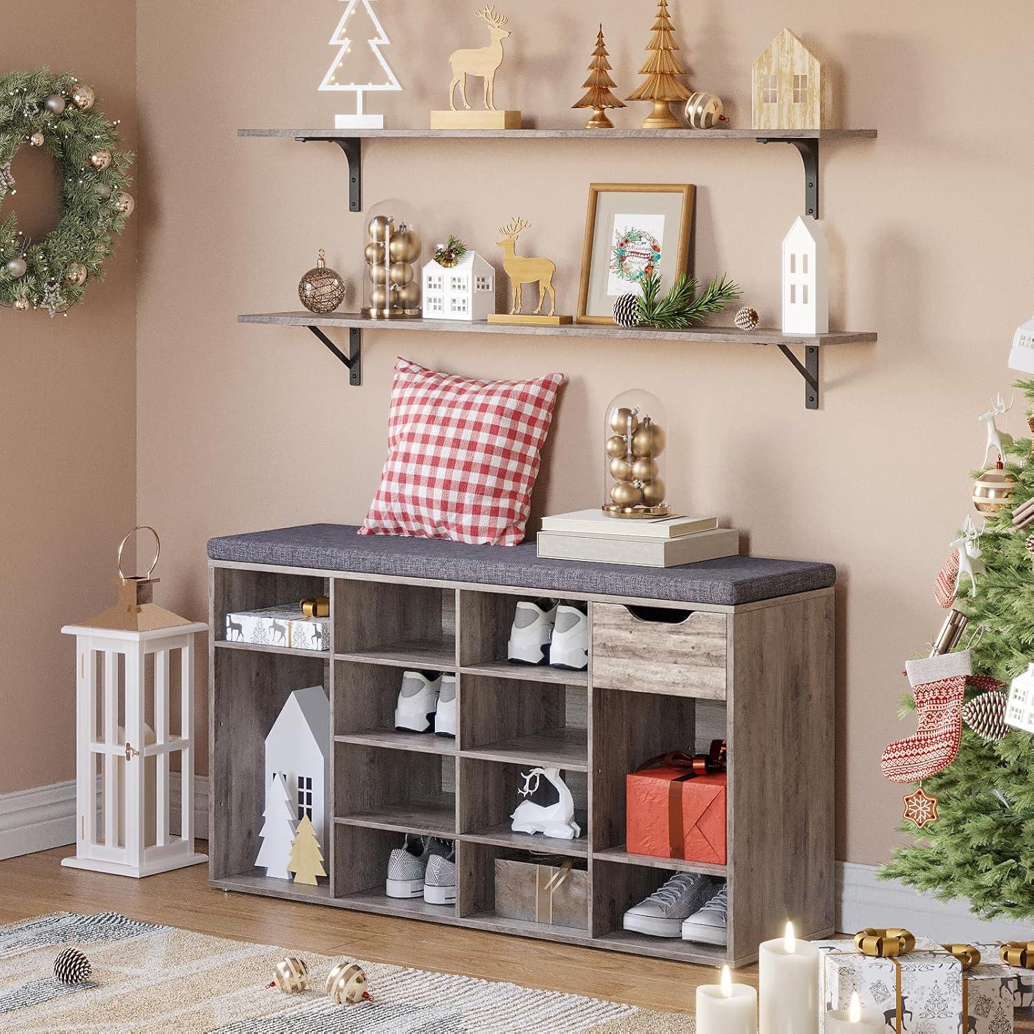 Shoe Rack Bench with Cushion 15-Cube Storage Bench Storage Cabinet for Entryway Espresso