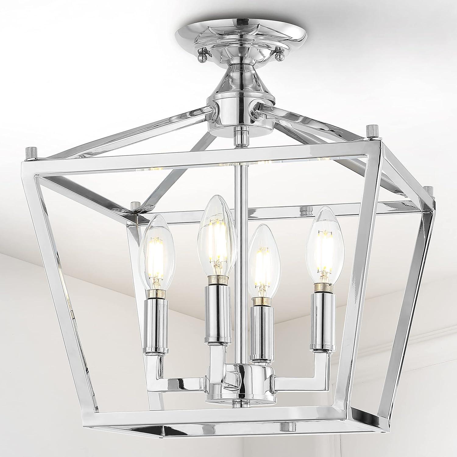 Plains Mini Lantern 12 in. 4-Light Chrome Iron Modern Farmhouse LED Flush Mount